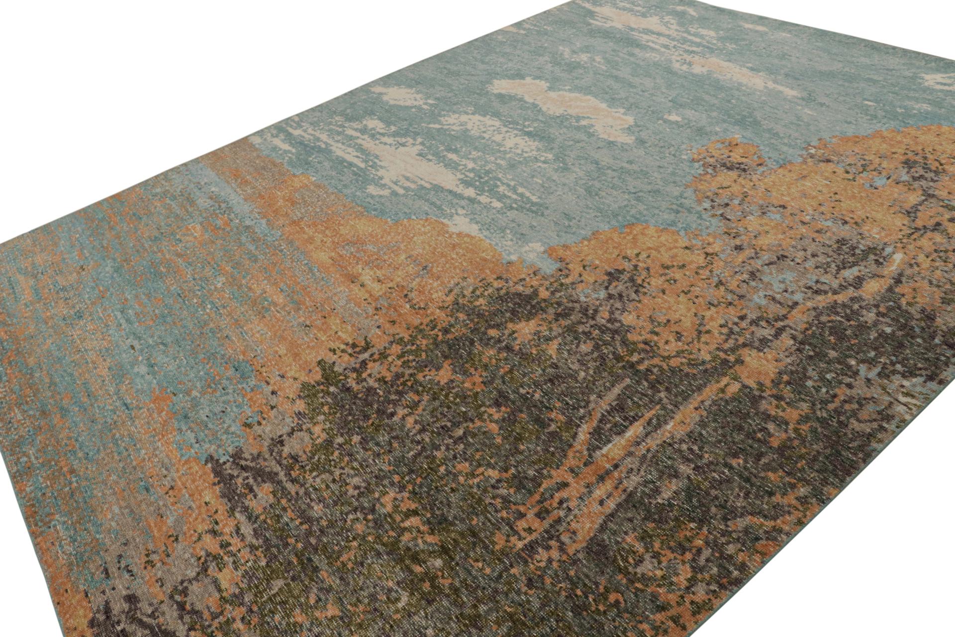 Hand-knotted in wool, this 9x12 modern rug, originating from India, has been inspired by the many provenances to undertake depictions of scenery like this idyllic glimpse of sky and forest beside the water. 

On the Design: 

A new addition to the