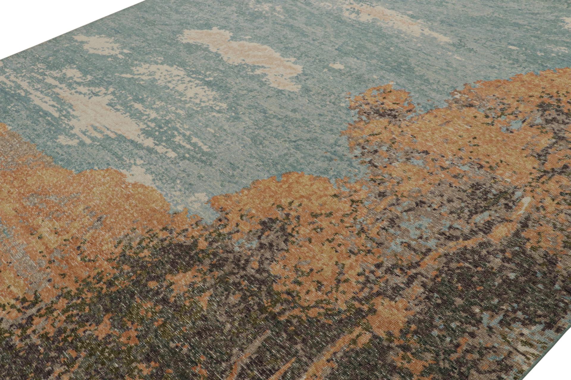 Indiano Rug & Kilim è un tappeto pittorico contemporaneo di colore blu cielo con raffigurazione di un paesaggio. in vendita
