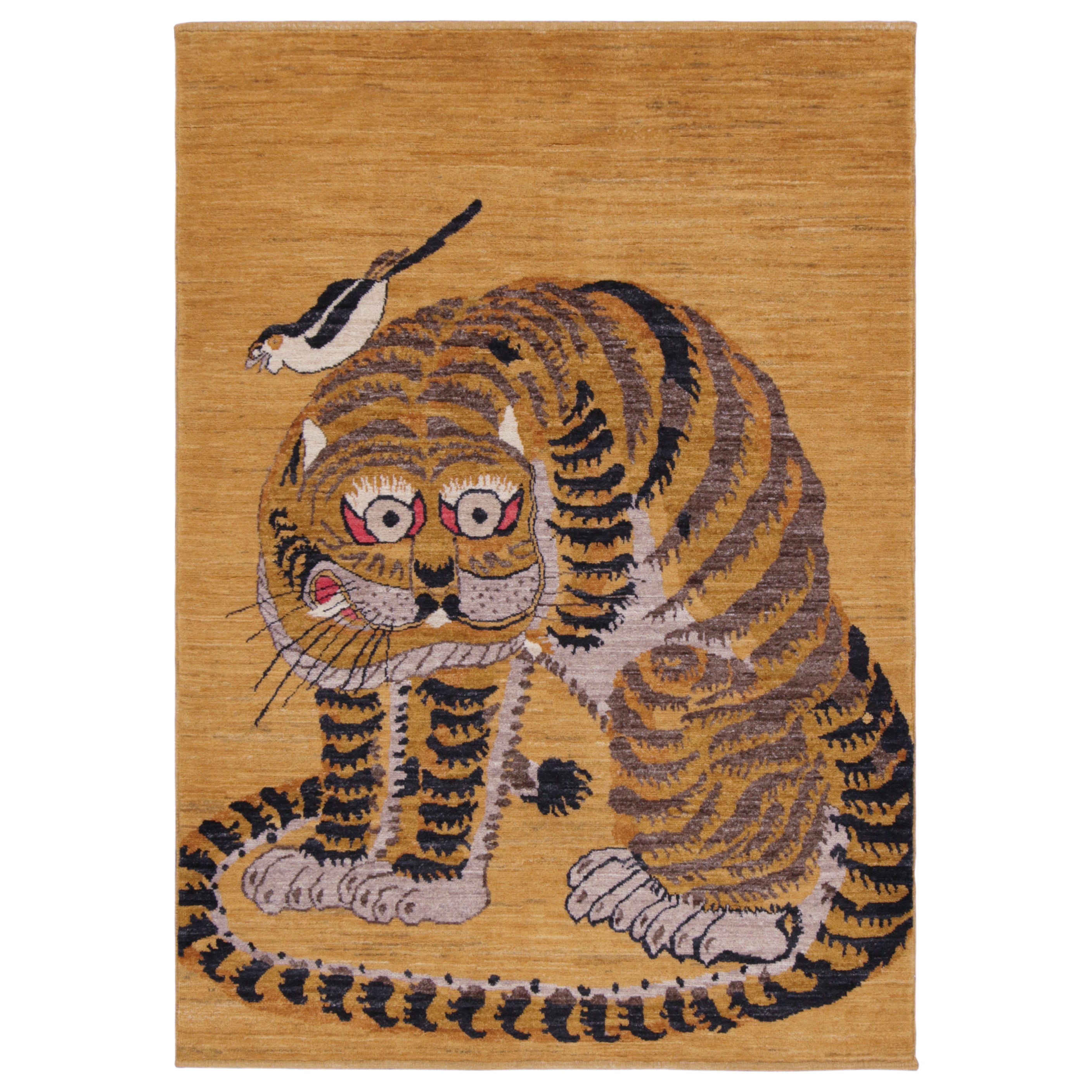 Rug
Kilim è un tappeto pittorico contemporaneo con disegno di tigri in oro e nero.