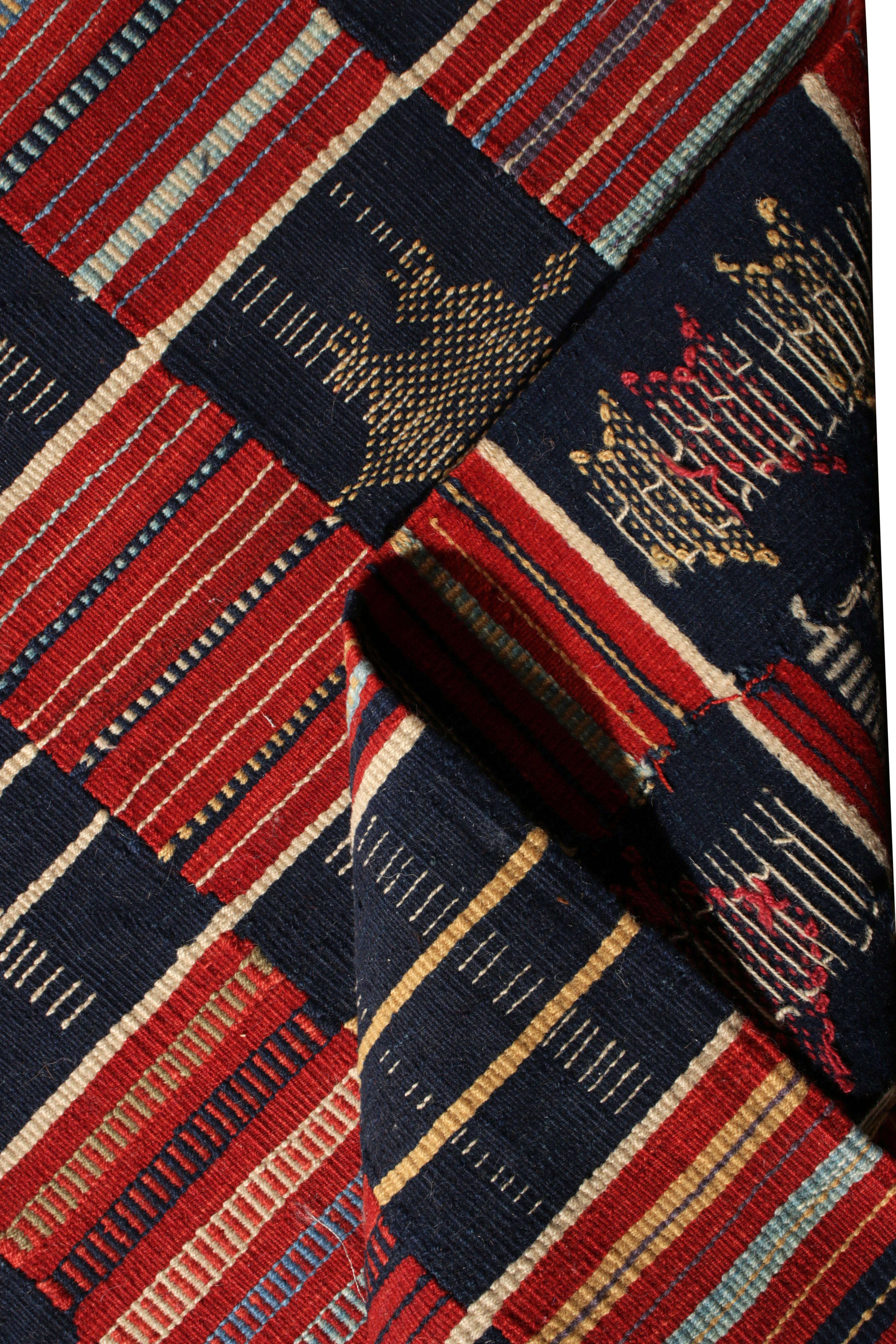 Hand-Knotted Rug & Kilim's Contemporary Red and Blue Runner Rug For Sale
