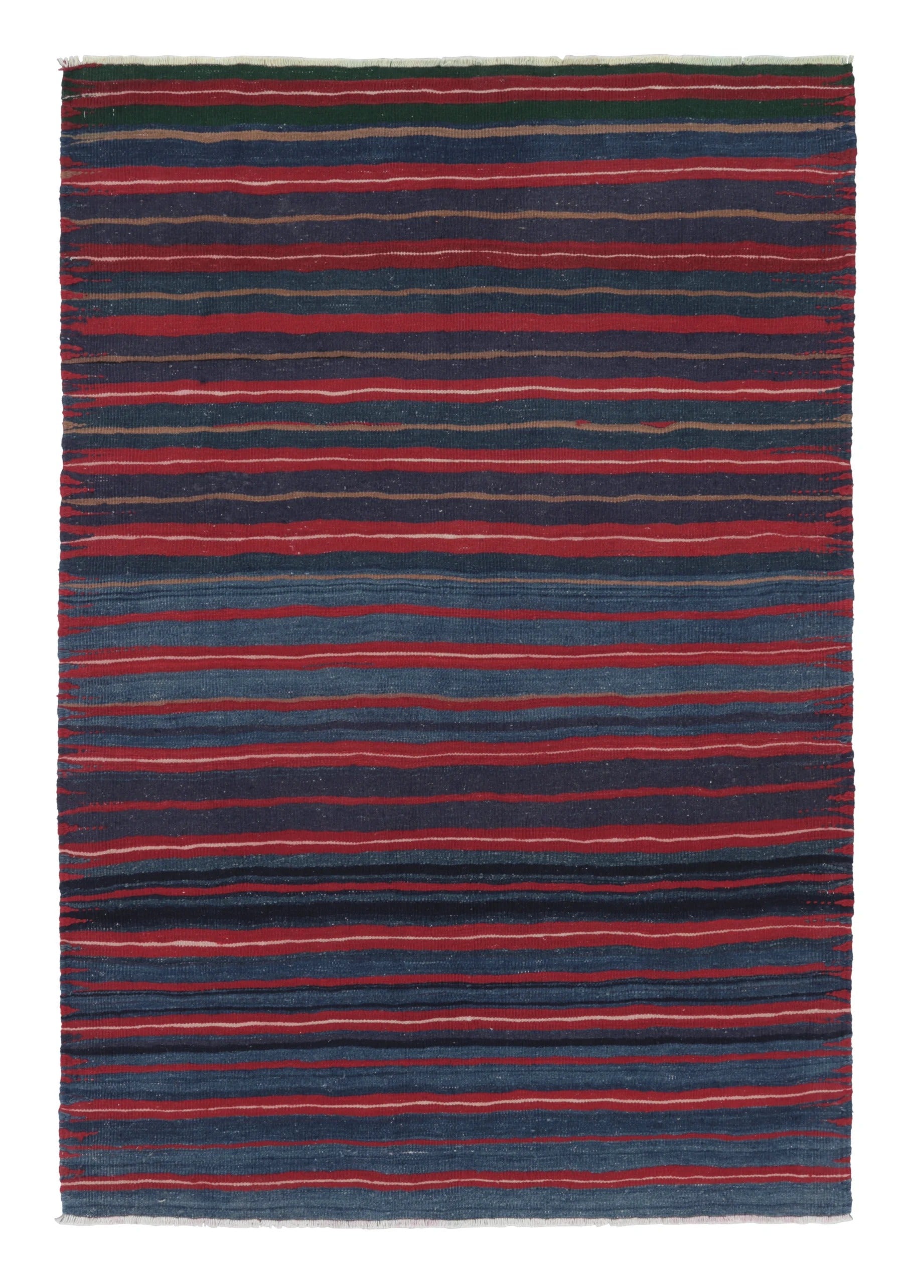 Rug & Kilim's Contemporary Rez Kilim with Navy and Red Striped Design