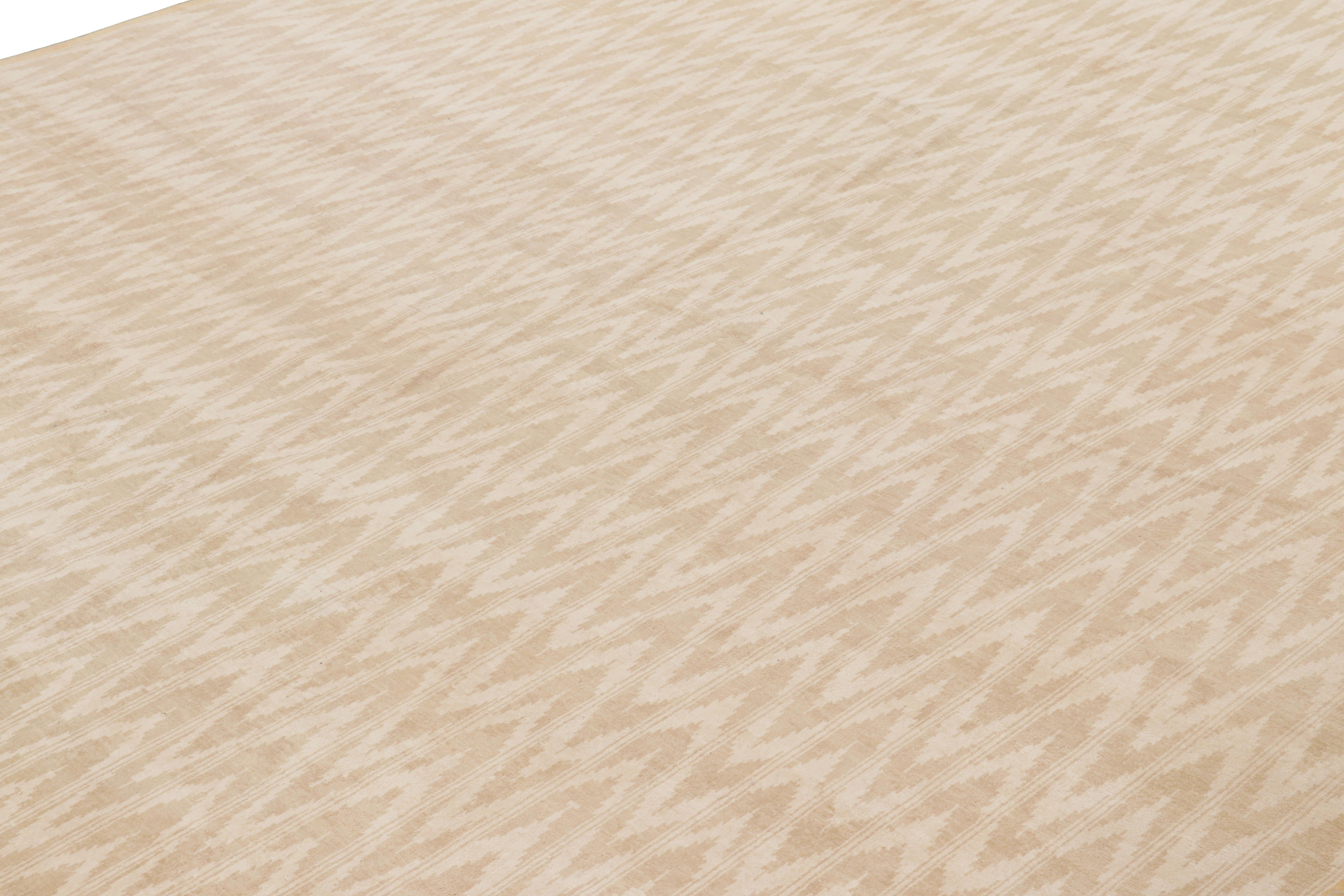 Made with hand-knotted cotton, this 9x12 contemporary rug features a simple repeat of geometric patterns in rows almost like Ikats—a fabulous new addition to the Rug & Kilim’s Modern Collection. 

On the Design: 

Subtlety and color are everything