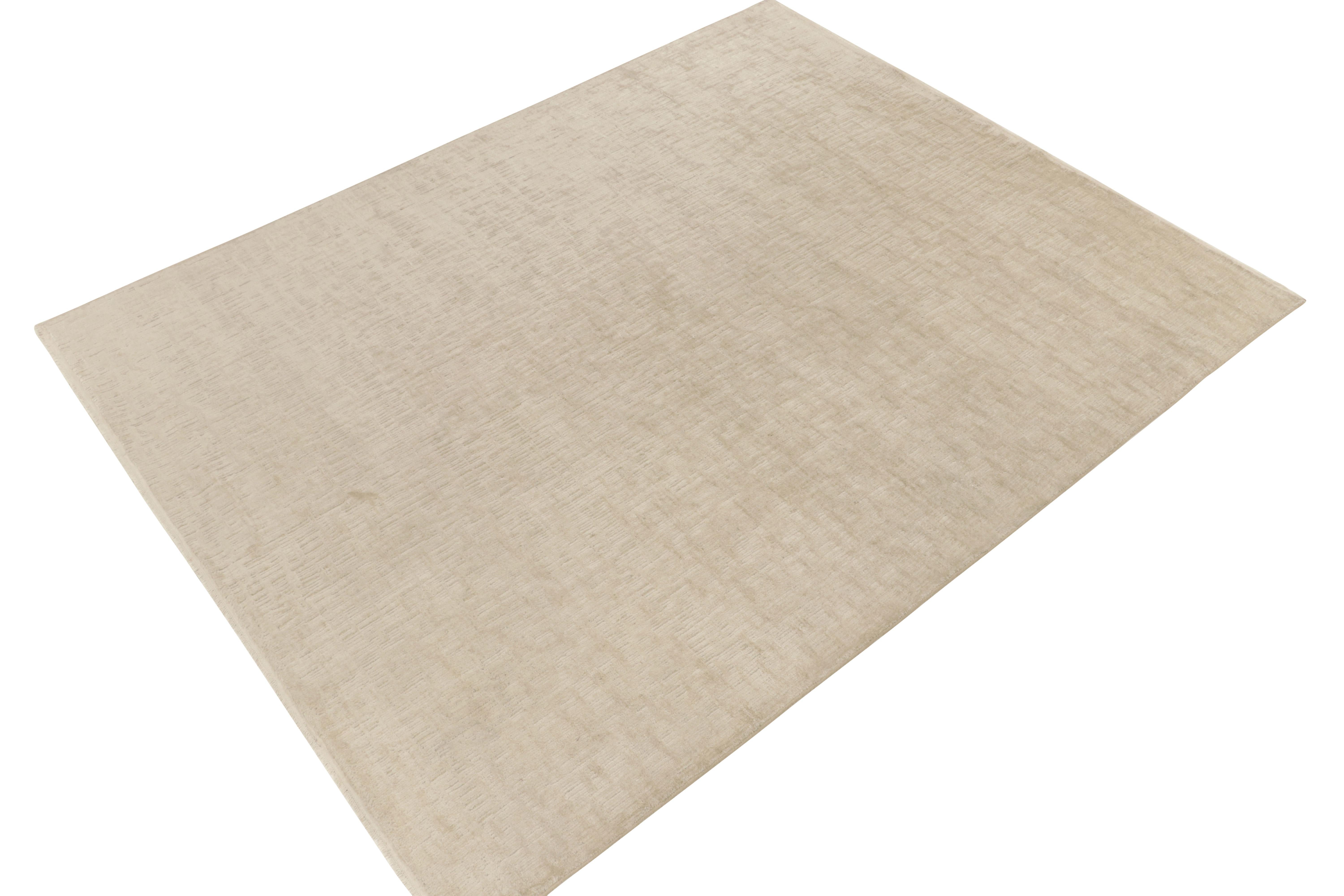 Hand-knotted in luxurious quality silk & wool, a sublime 8x10 contemporary rug with exceptional textural element and visual depth.

 This particular modern design is rare reversible work, with each side boasting its own lush pile in off-white hues.