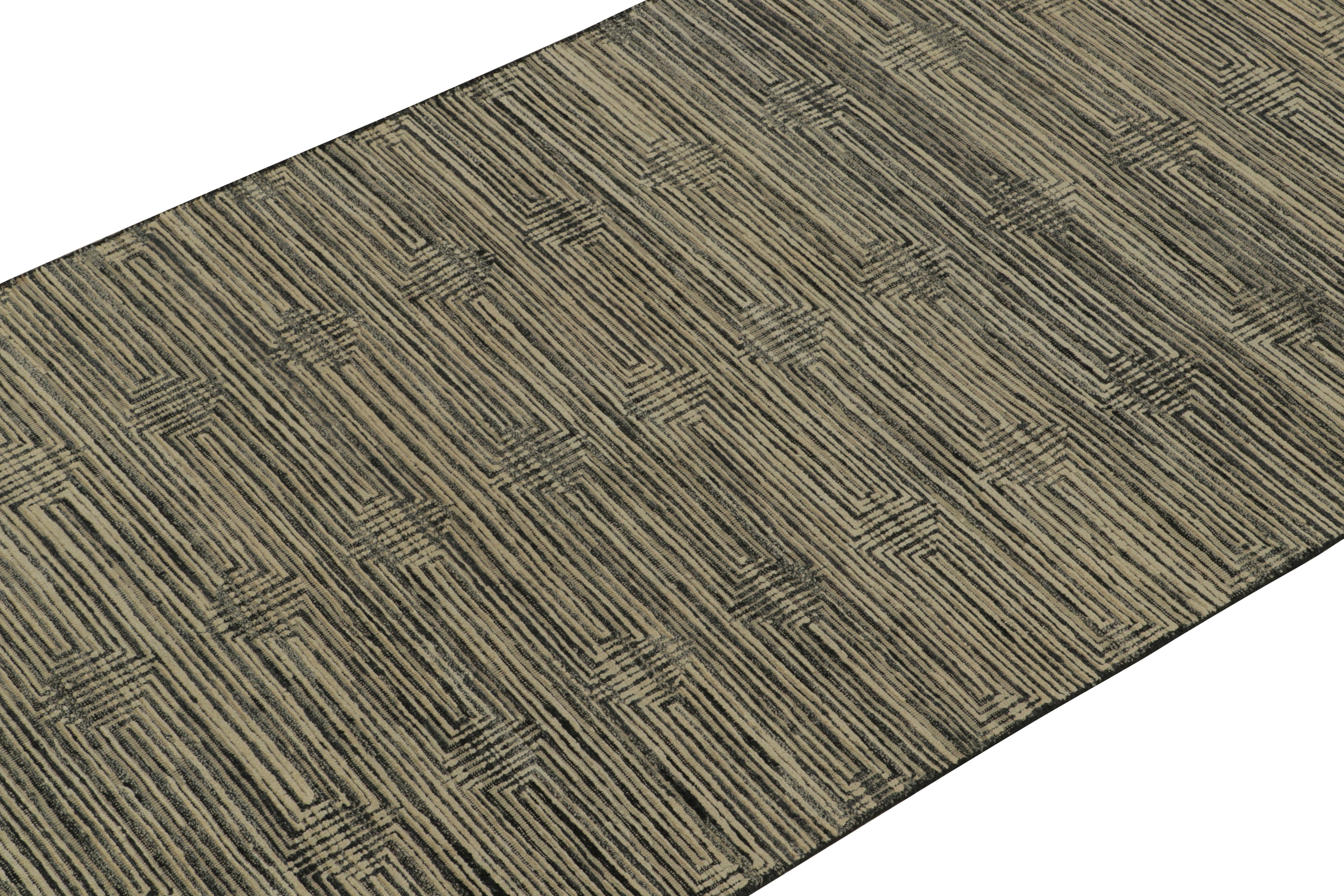 Indian Rug & Kilim’s Contemporary Rug in Beige, Blac and Blue Striae, Geometric Pattern For Sale