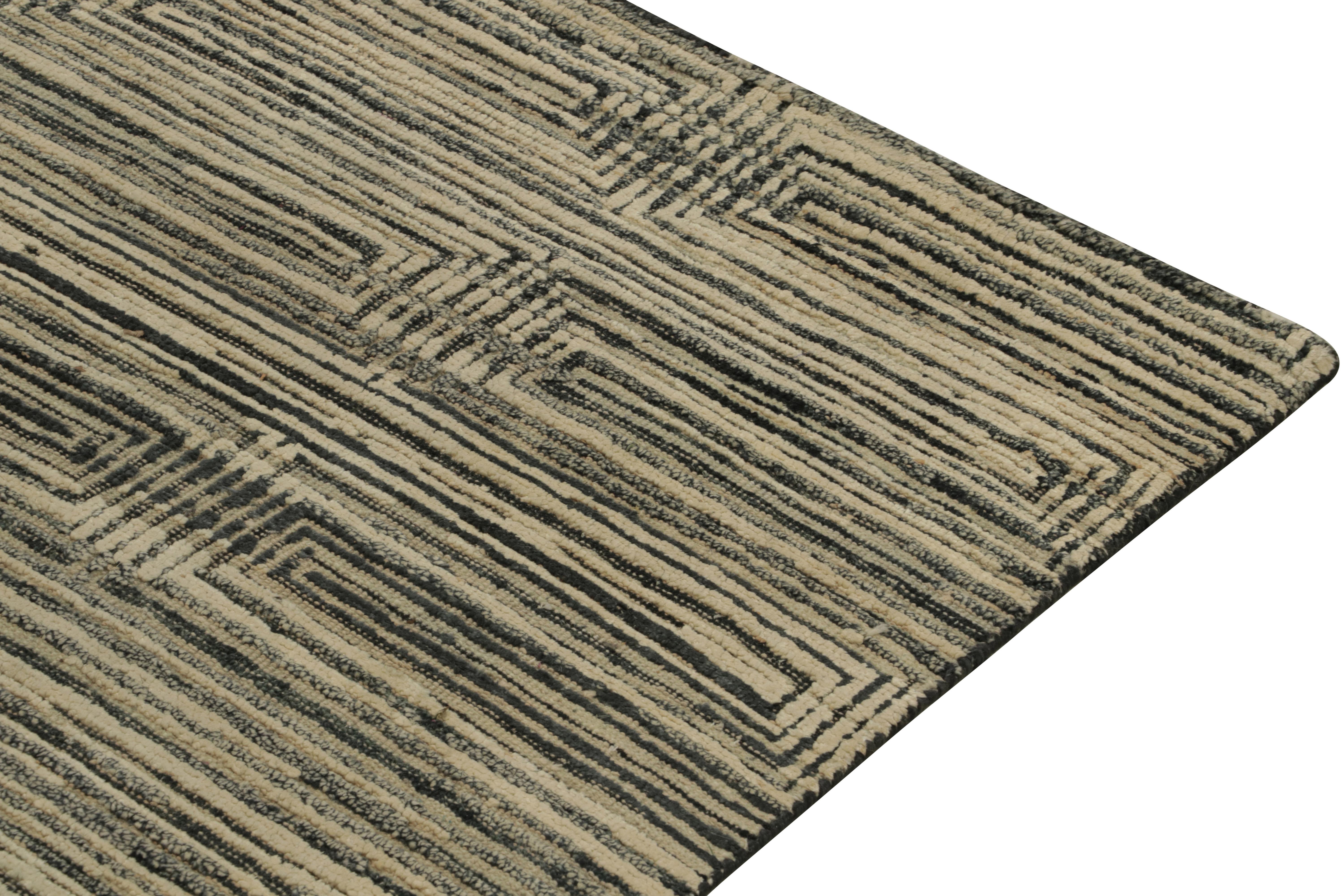 Hand-Knotted Rug & Kilim’s Contemporary Rug in Beige, Blac and Blue Striae, Geometric Pattern For Sale