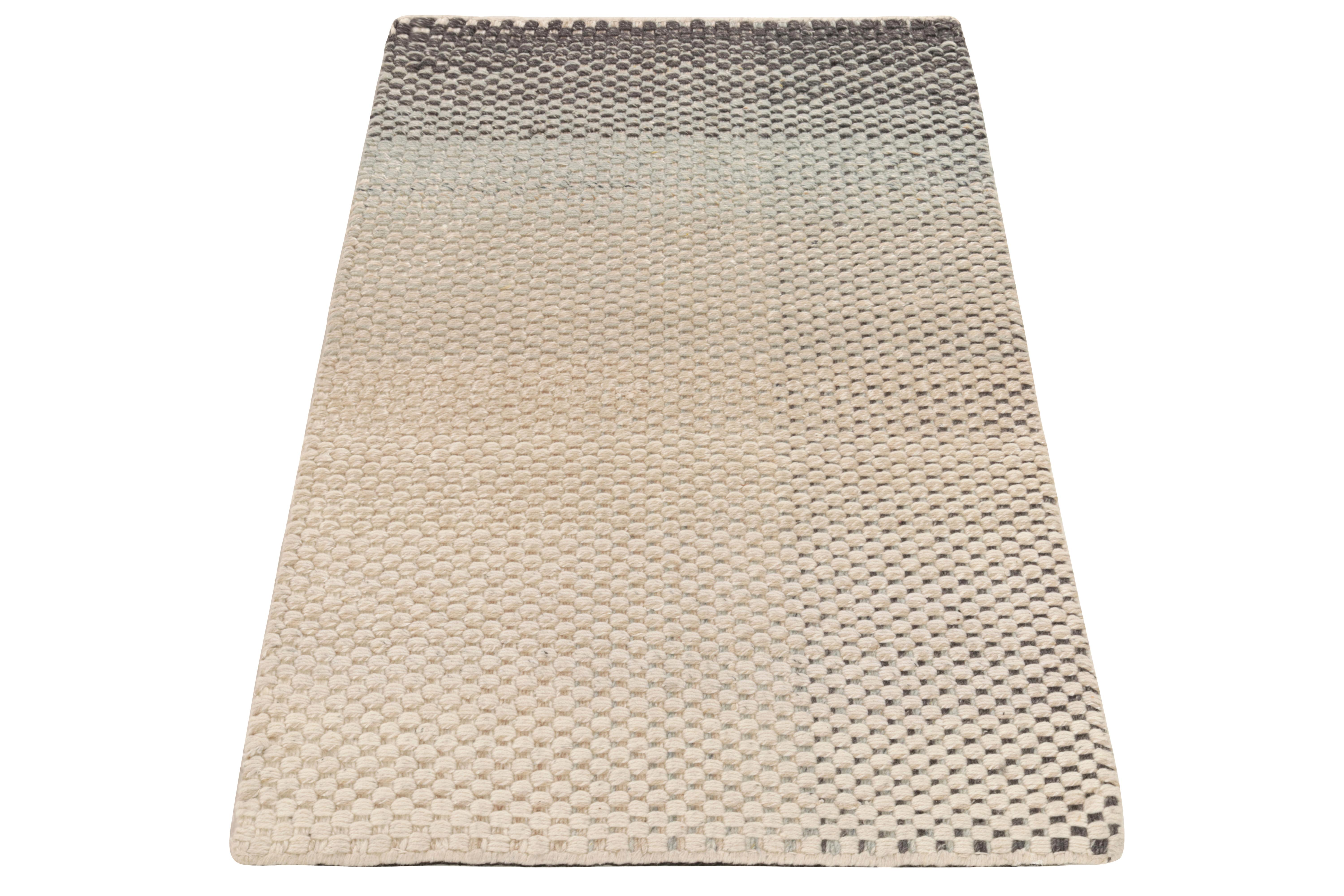 Handknotted in wool, our 3X5 smartloom playing with contemporary sensibilities in beige, blue & charcoal black gradience. Marking a distinctive take on design, texture & style - a versatile piece in modern aesthetics.

Custom Capable: Please note