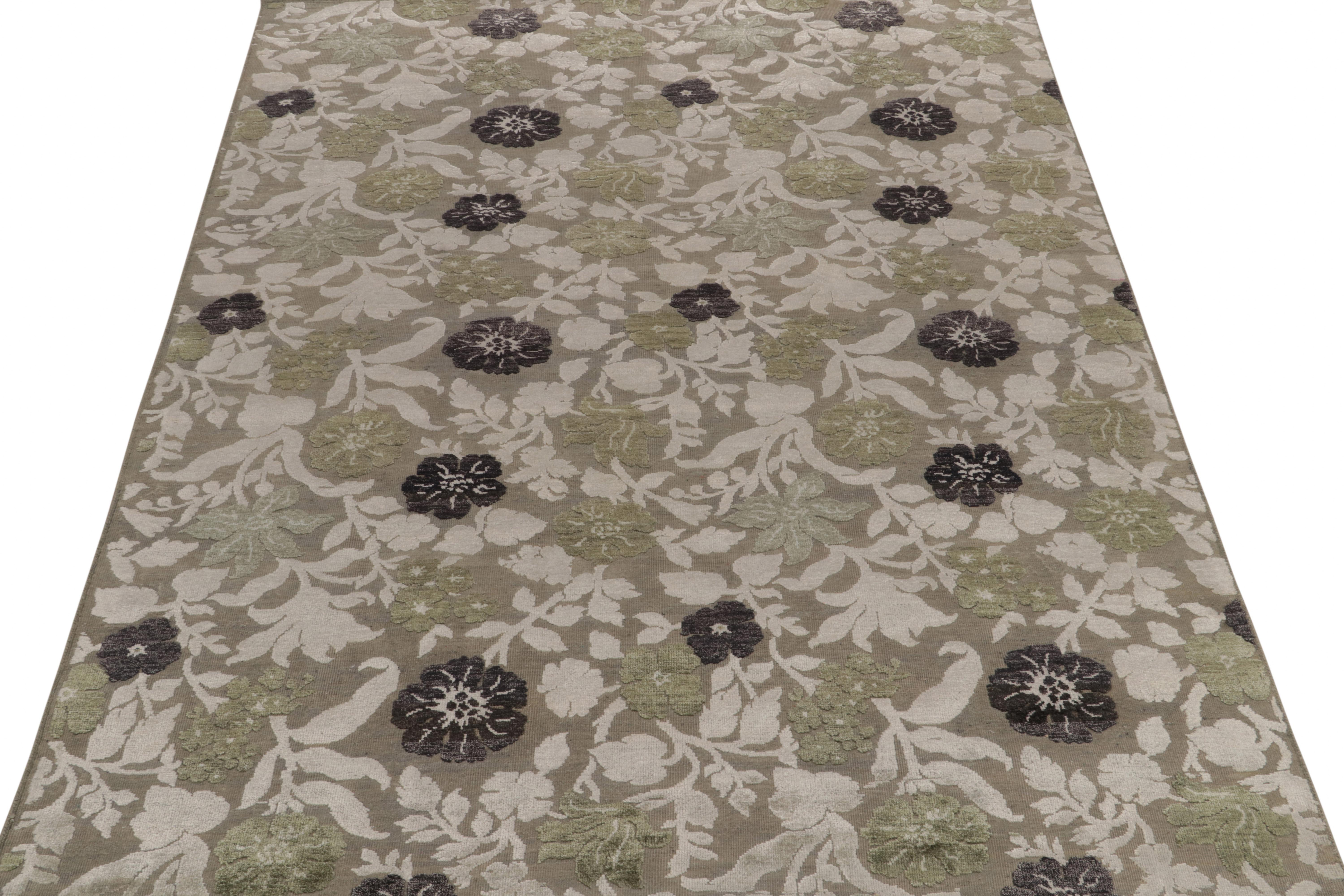 Modern Rug & Kilim’s Contemporary Rug in Beige-Brown, Black and Green Floral Patterns For Sale
