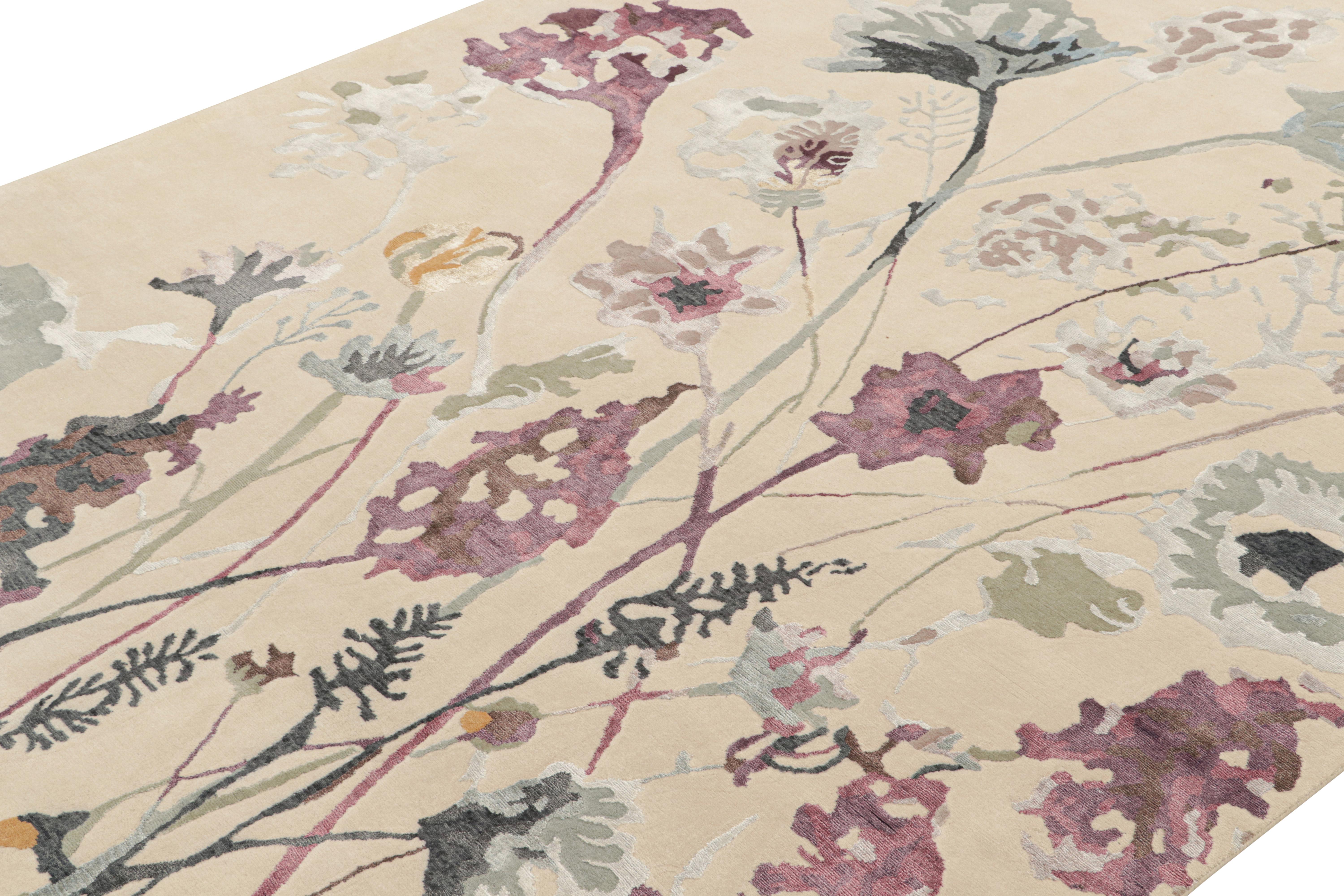 Modern Rug & Kilim’s Contemporary Rug in Beige with Grey and Purple Floral Pattern For Sale