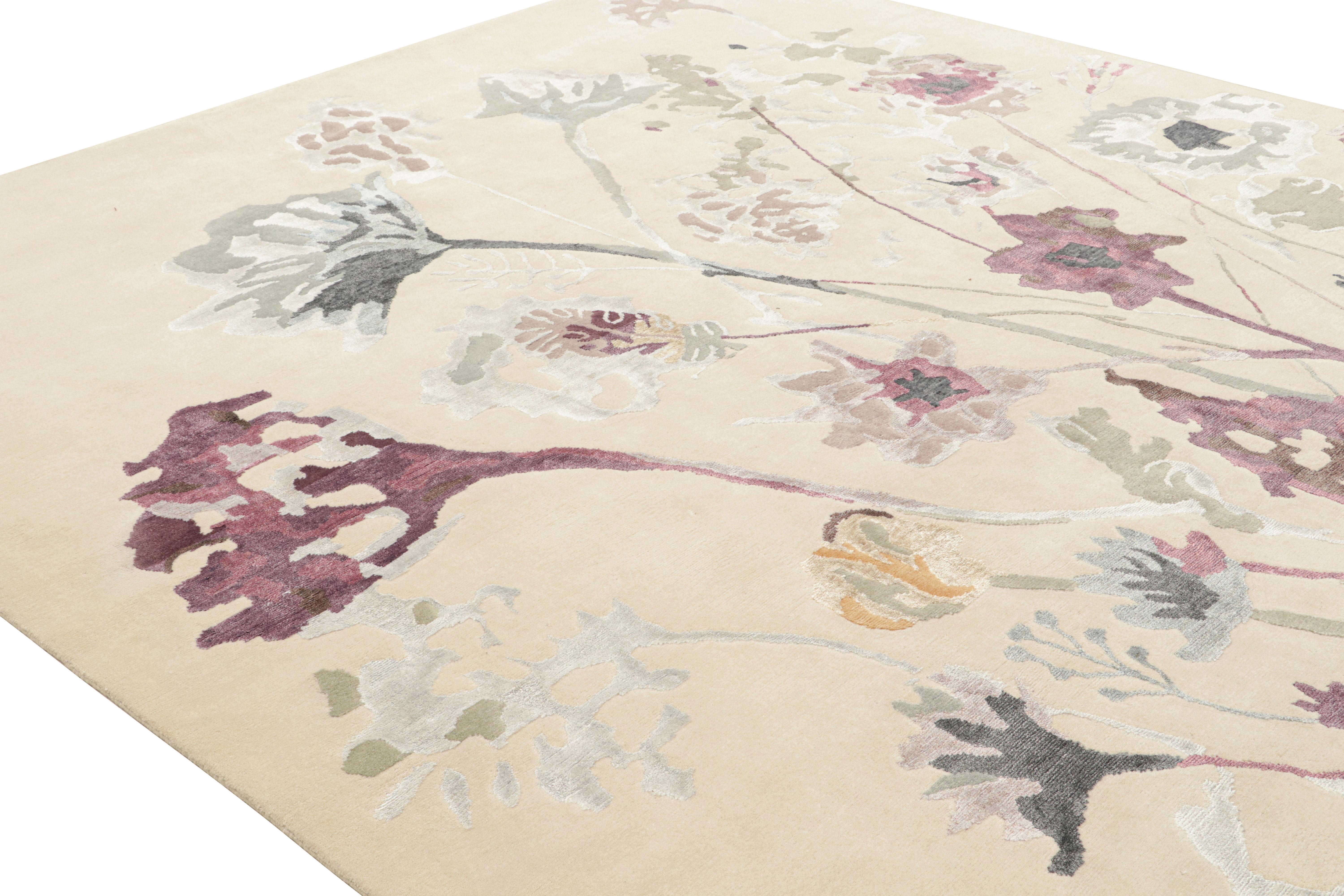Hand-Knotted Rug & Kilim’s Contemporary Rug in Beige with Grey and Purple Floral Pattern For Sale