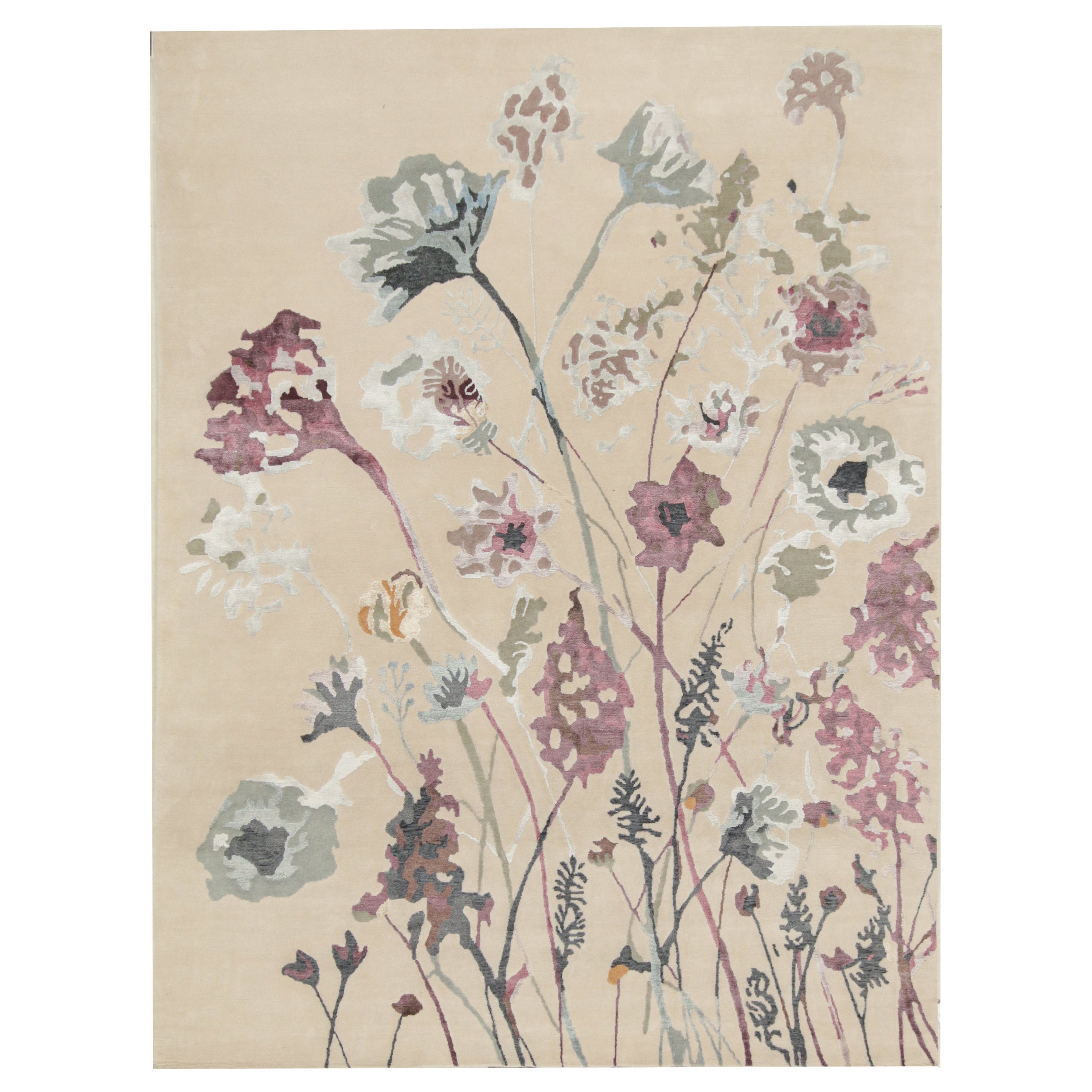 Rug & Kilim's Contemporary Teppich in Beige mit grauem und violettem Blumenmuster