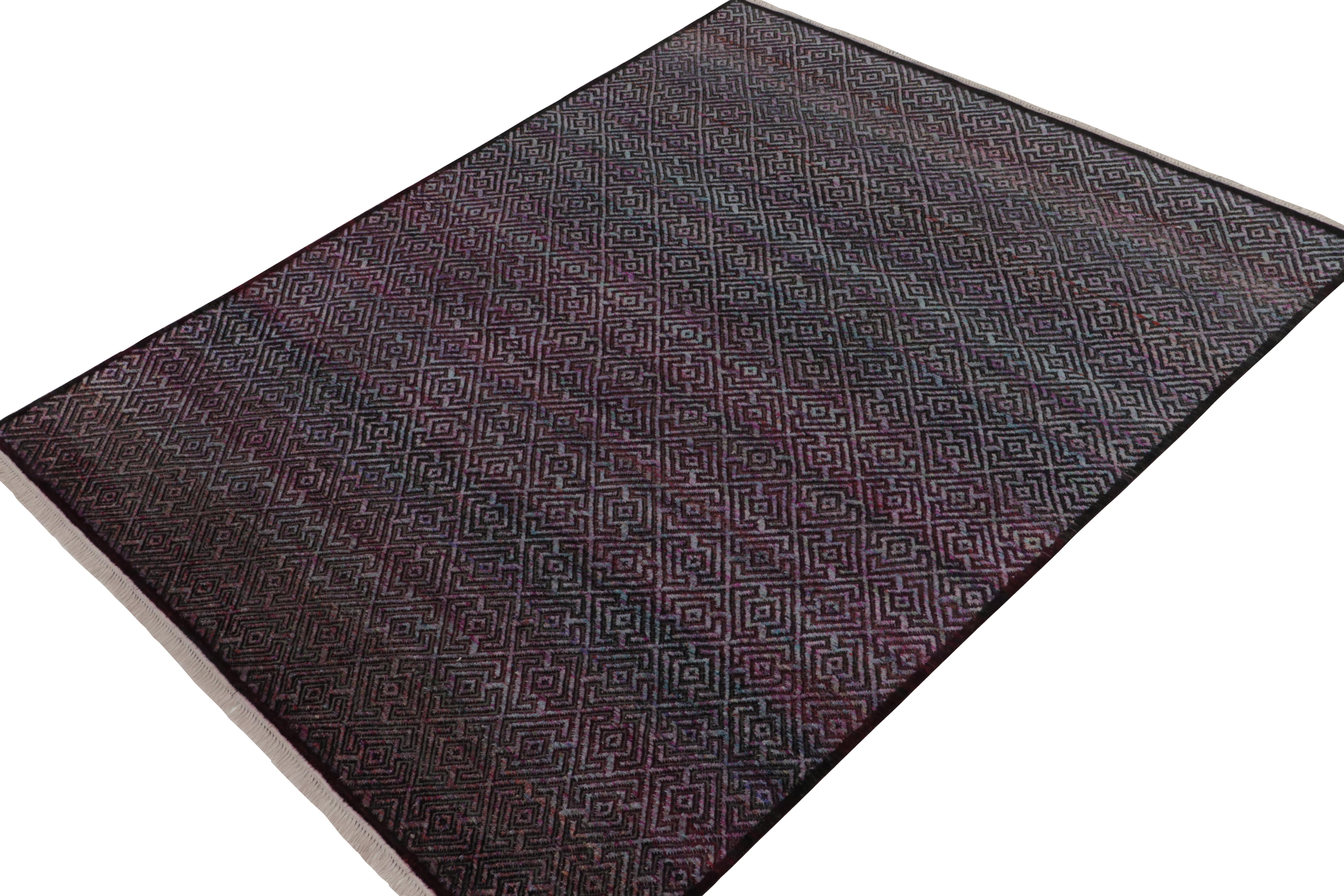 Hand-knotted in a fine blend of wool & silk, an 8x10 contemporary rug from our New & Modern selections. Enjoying a mesmeric blue and purple pattern of subtle textural intricacy and gracious scale. Marking a harmonious union of unique colorways &