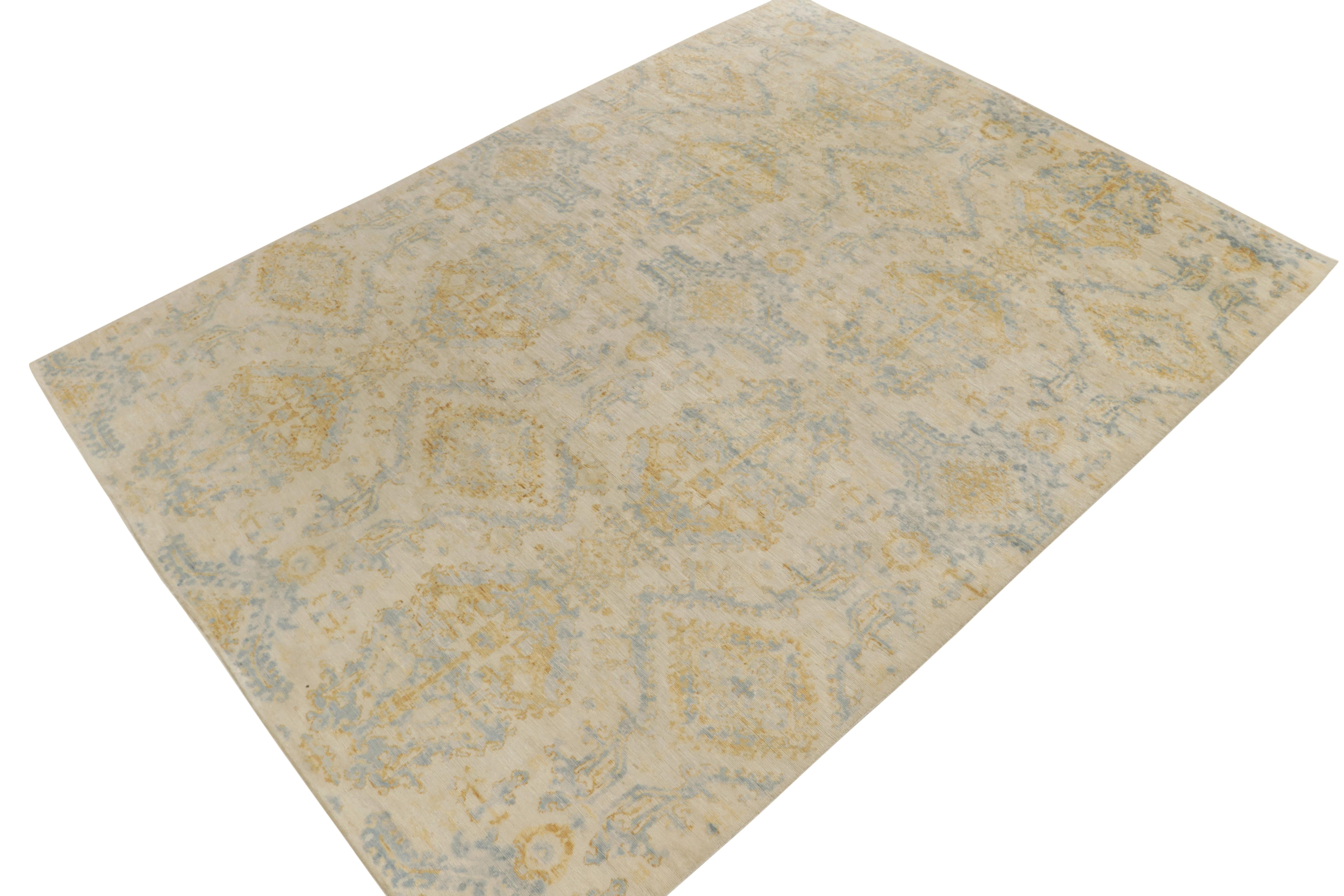Hand-knotted in Fine silk, a 9x12 modern rug from Rug & Kilim’s bold contemporary selections.

The alluring drawing beautifully employs subtle inspirations from transitional designs in star motifs and an array of abstracted florals for a whole new