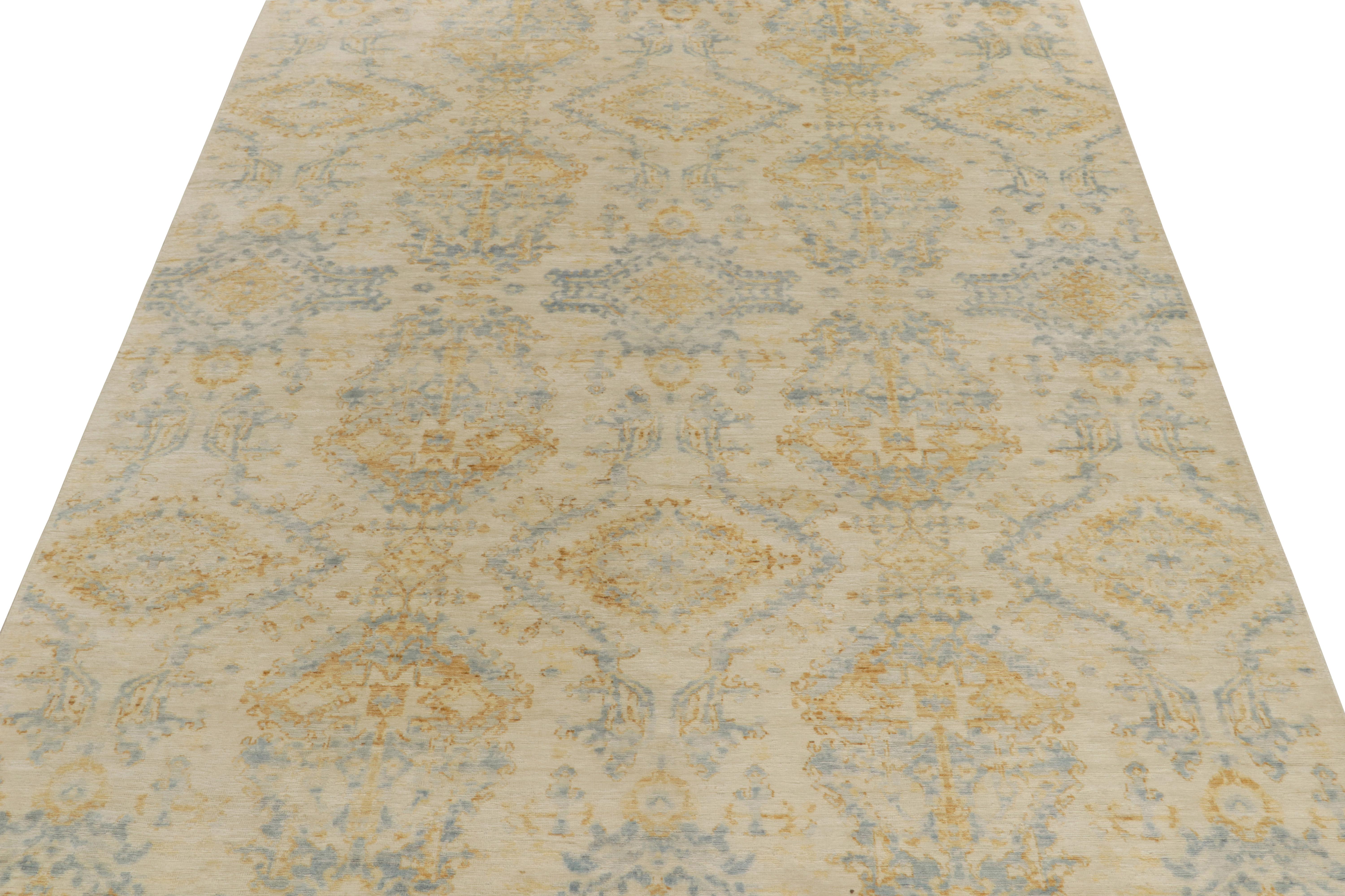 Modern Rug & Kilim’s Contemporary Rug in Blue, Gold & Beige All over Pattern For Sale