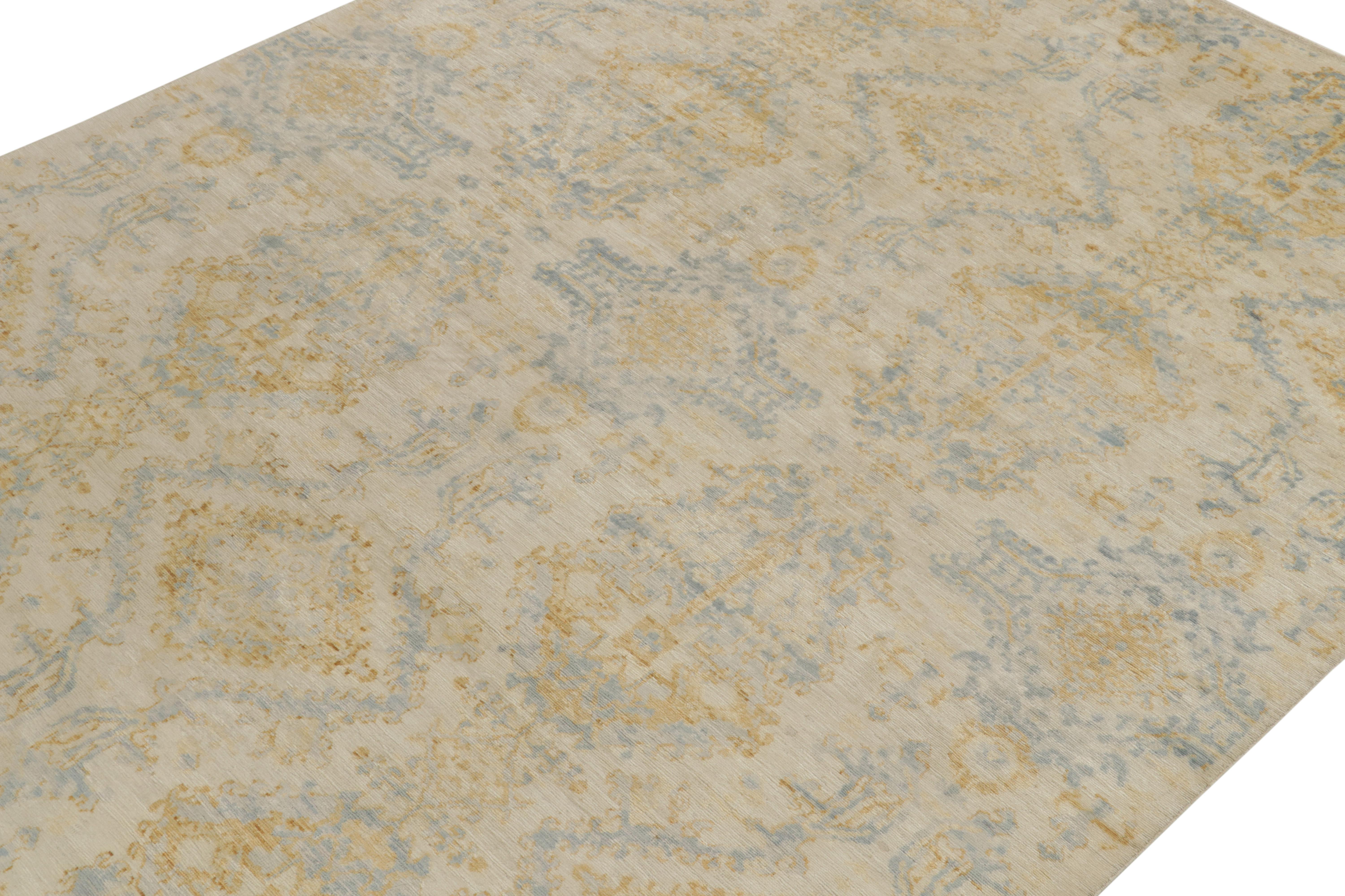 Indian Rug & Kilim’s Contemporary Rug in Blue, Gold & Beige All over Pattern For Sale