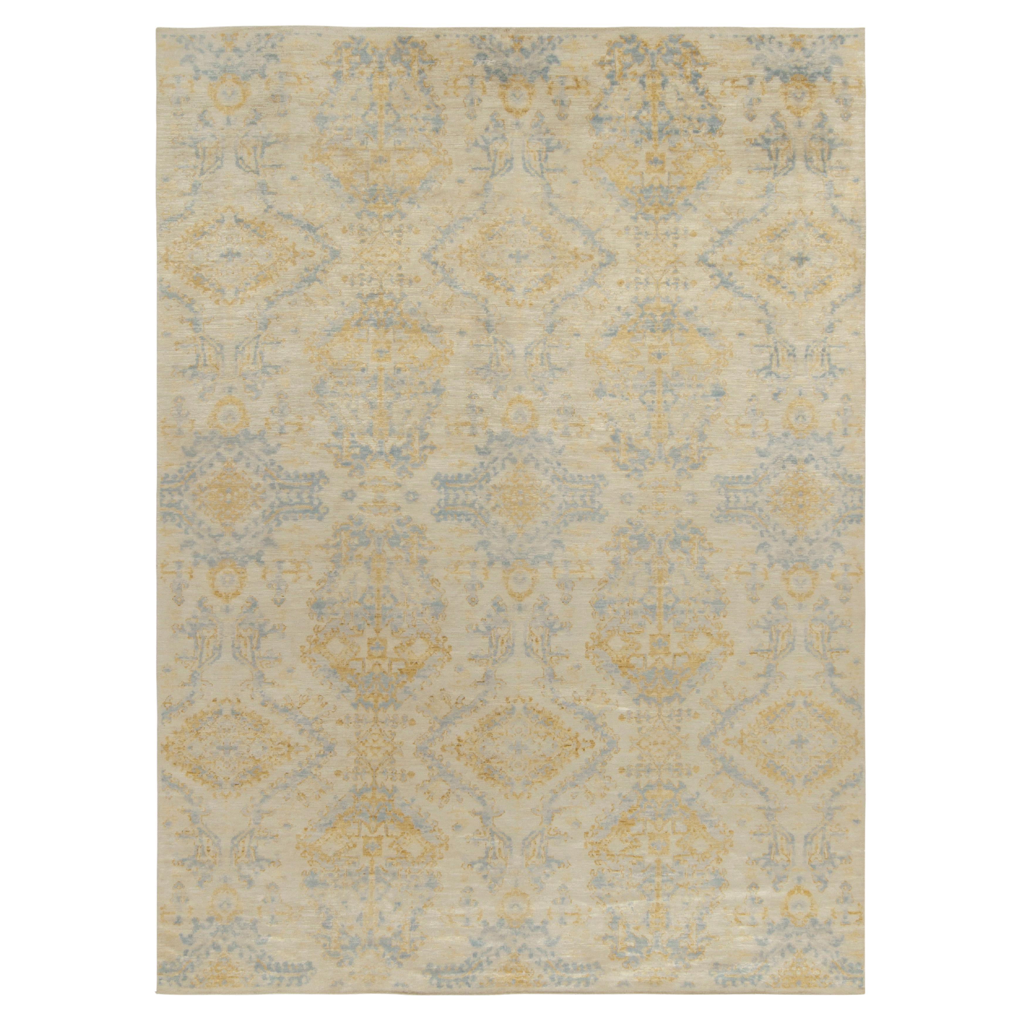 Rug & Kilim’s Contemporary Rug in Blue, Gold & Beige All over Pattern