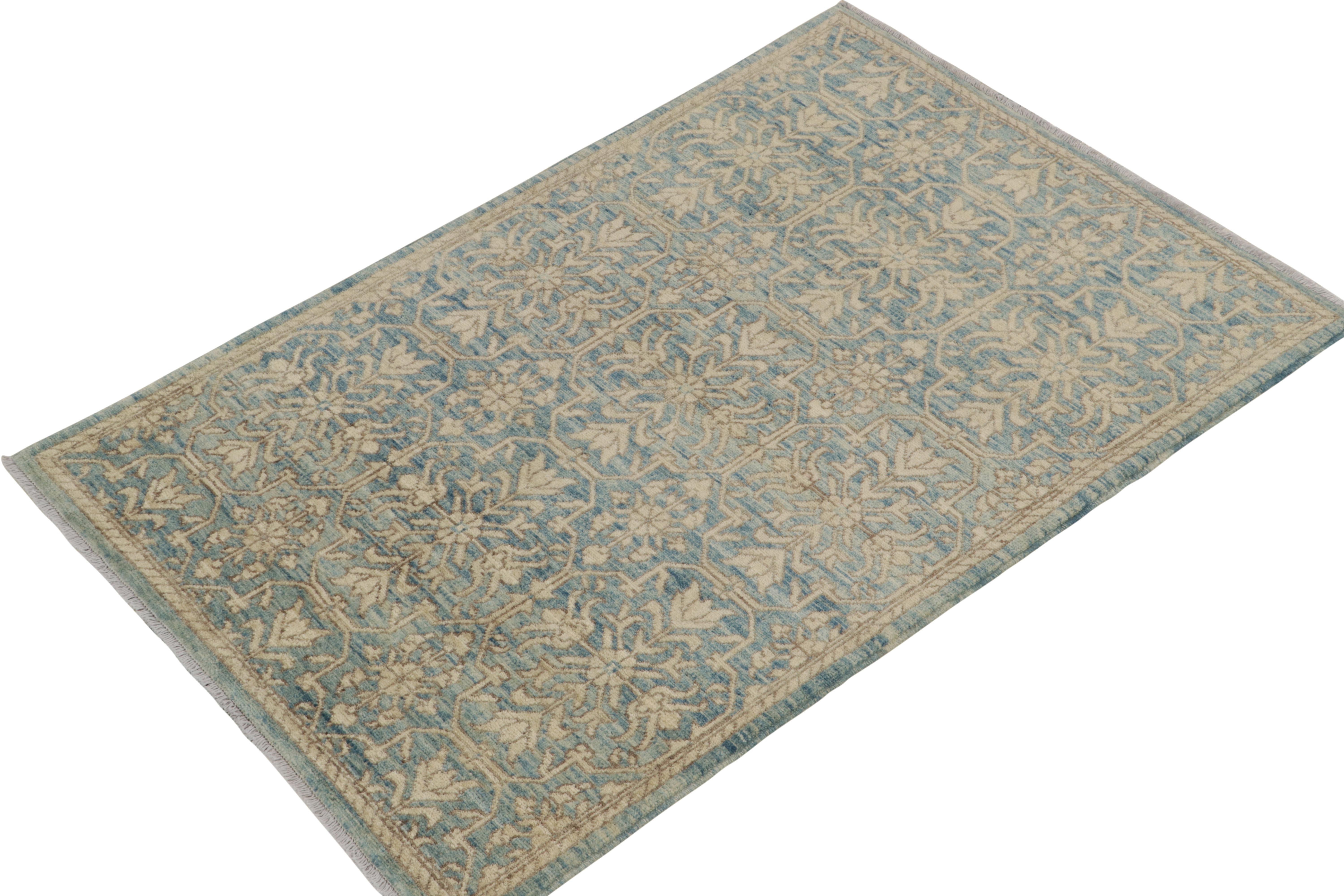 Hand-knotted in wool, a 4x5 contemporary rug inspired by transitional European sensibilities, newly unveiled from Rug & Kilim’s modern selections. 

On the Design: The drawing reimagines a rustic, almost English appeal with classic floral patterns