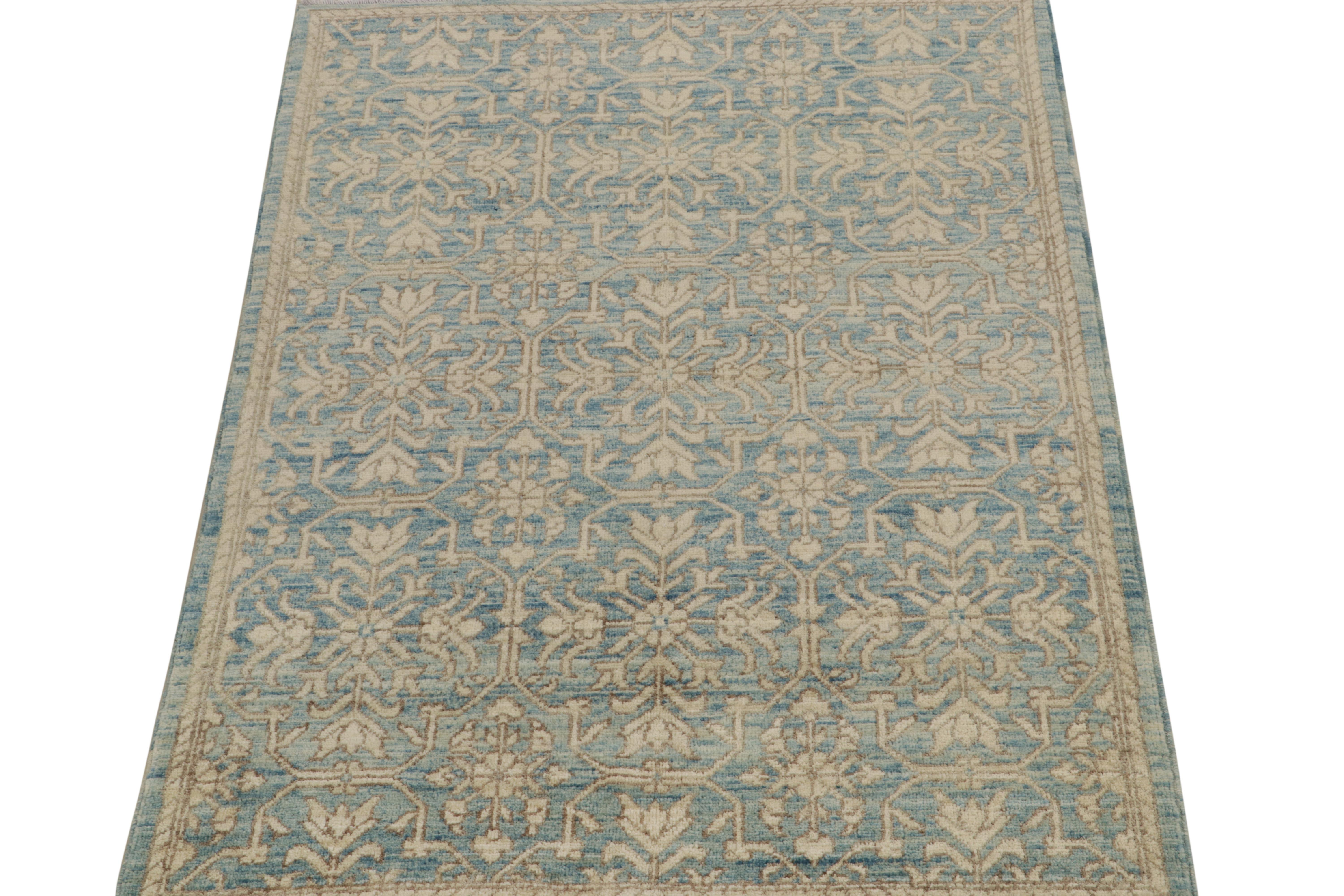 Modern Rug & Kilim’s Contemporary Rug in Blue with Beige-Brown Floral Patterns For Sale