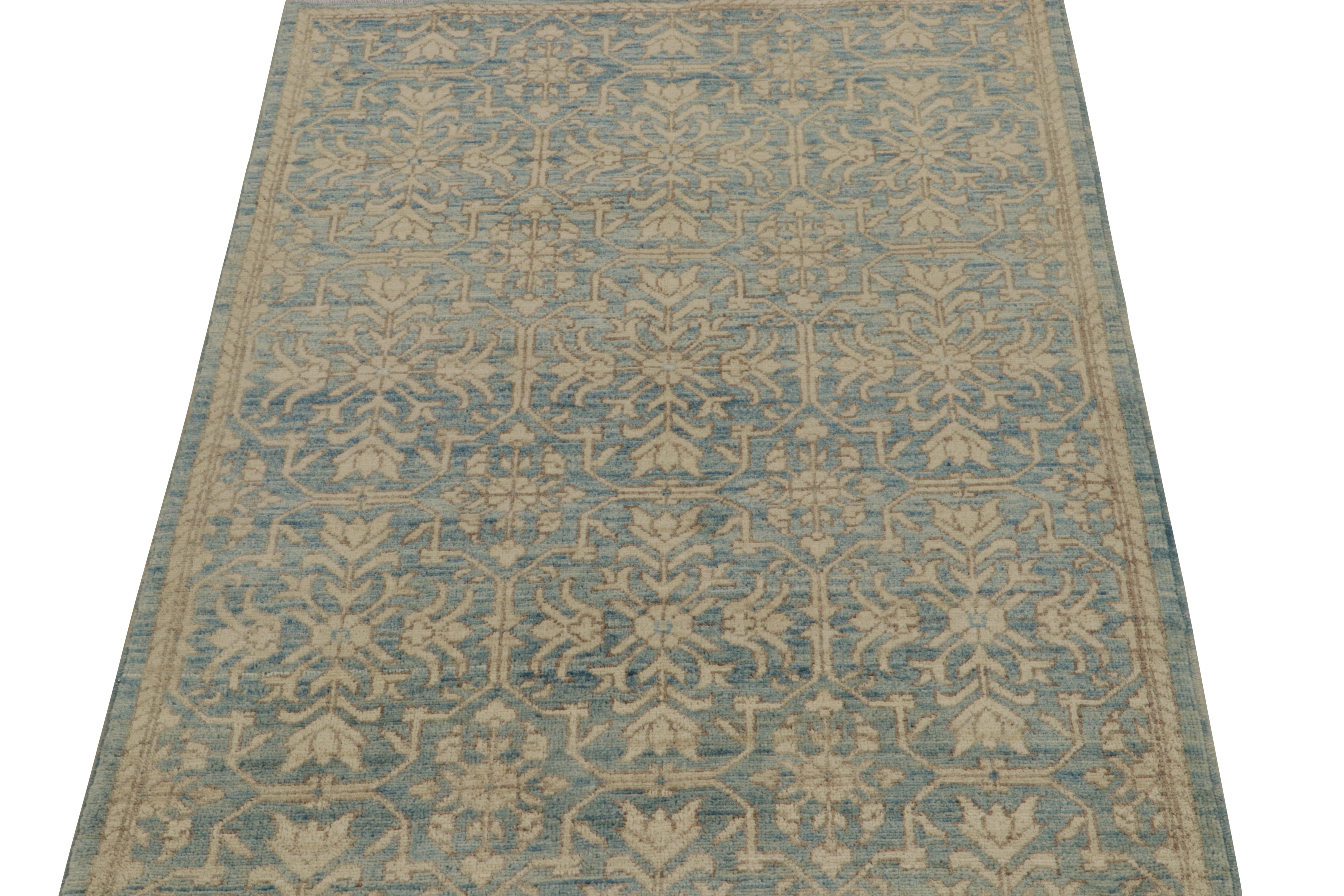 Modern Rug & Kilim’s Contemporary Rug in Blue with Beige-Brown Floral Patterns For Sale
