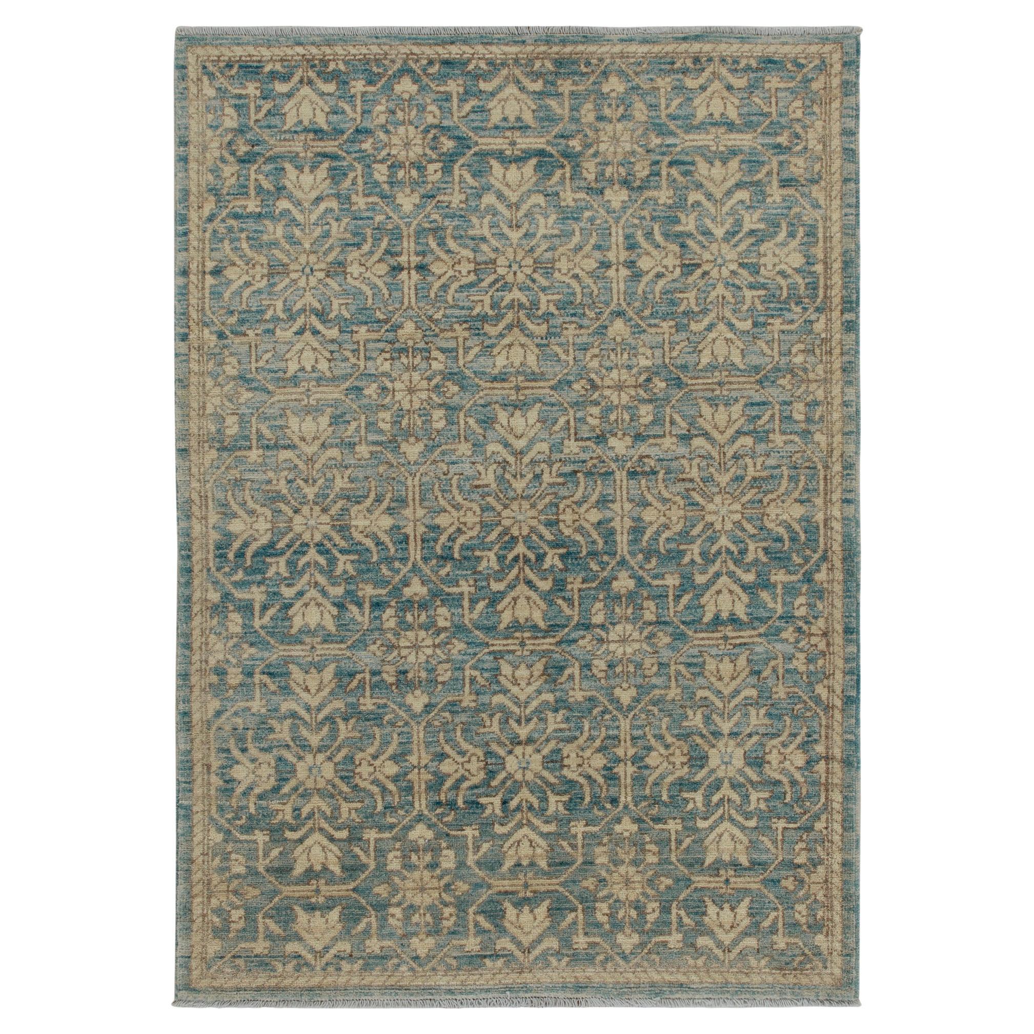 Rug & Kilim’s Contemporary Rug in Blue with Beige-Brown Floral Patterns For Sale