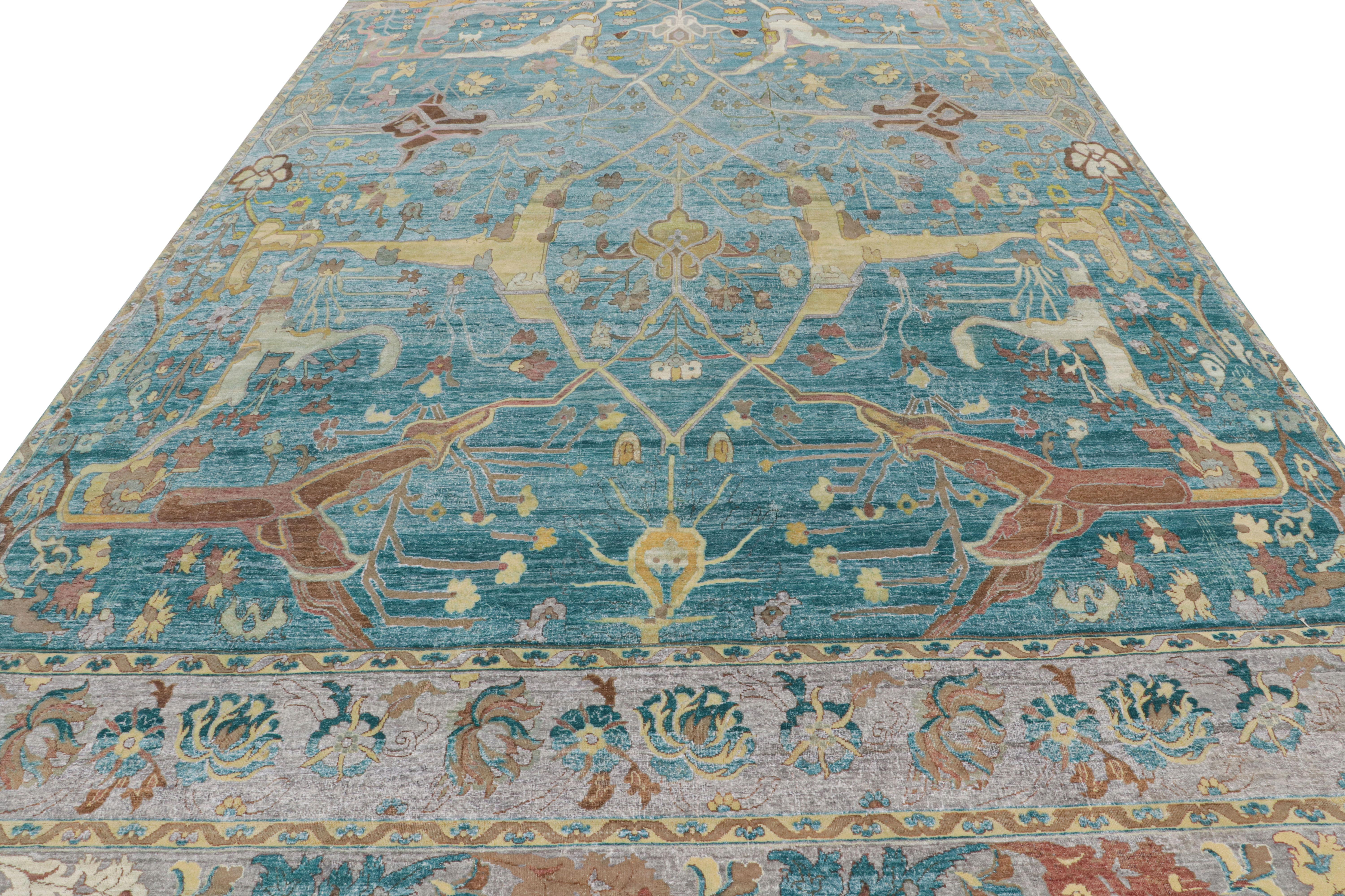 Rug & Kilim's Contemporary Teppich in Blau, mit braunen und goldenen Blumenmustern (Handgeknüpft) im Angebot