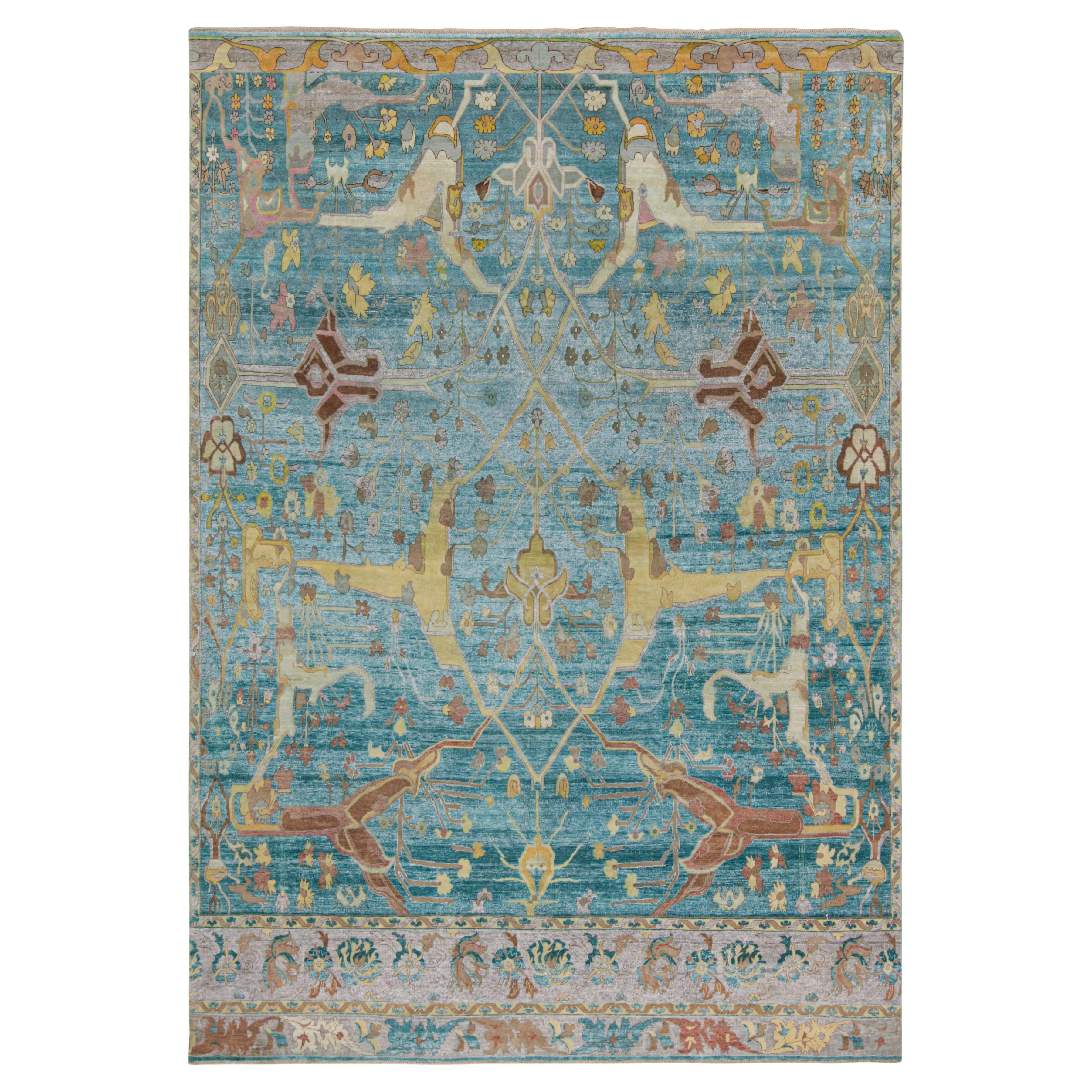 Rug & Kilim's Contemporary Teppich in Blau, mit braunen und goldenen Blumenmustern im Angebot
