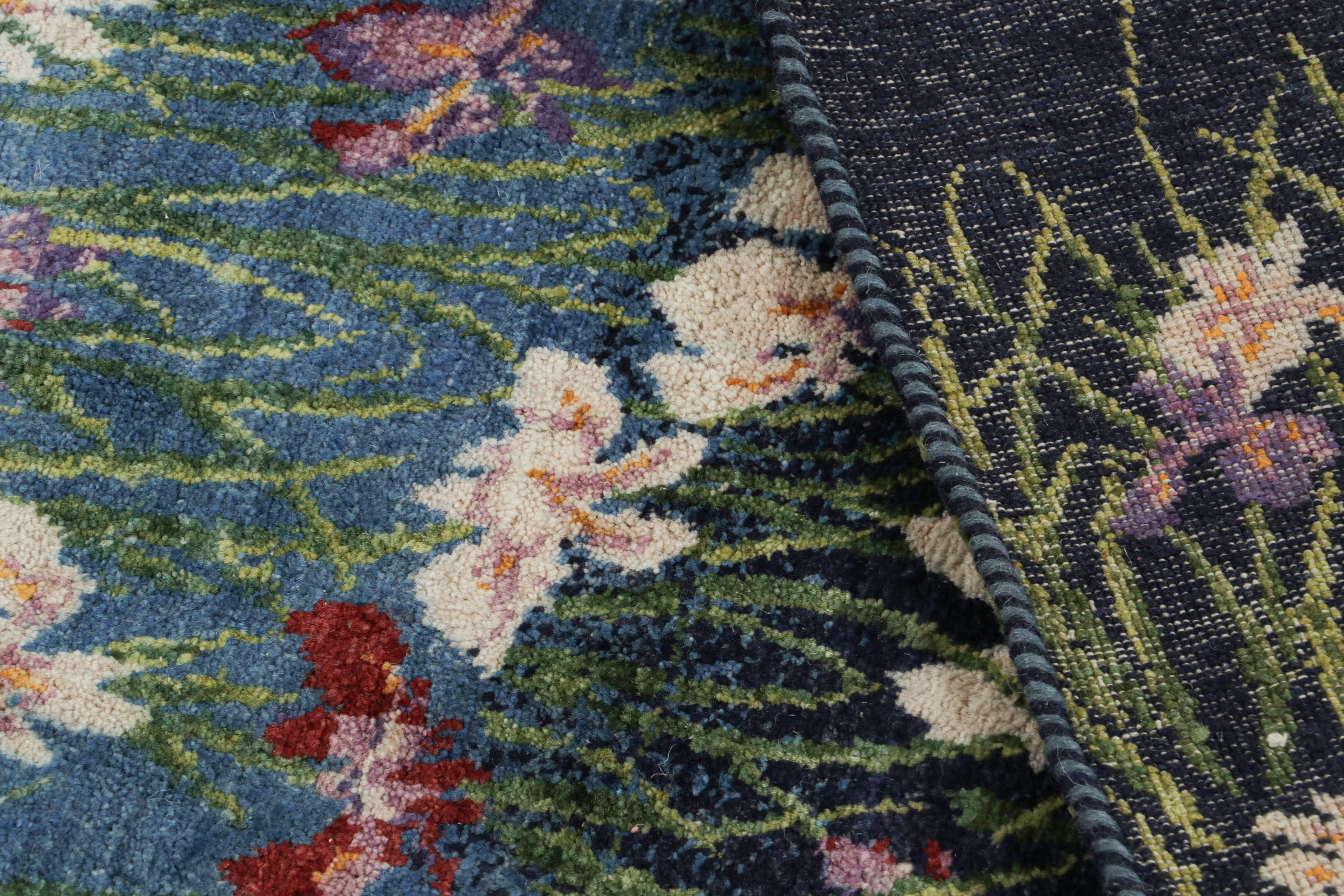 Wool Rug & Kilim’s Contemporary Rug in Blue with Floral Patterns  For Sale