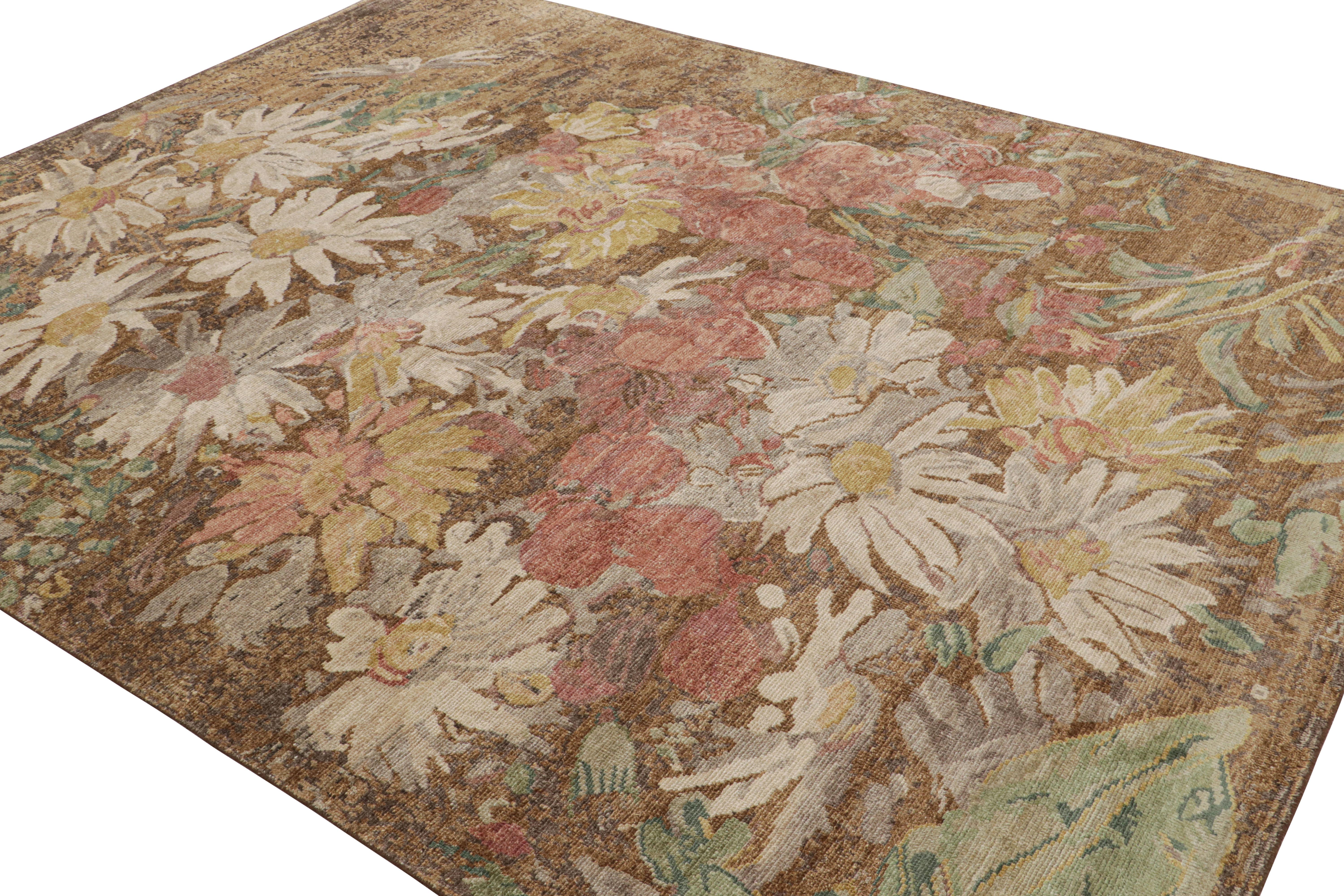 Inspired by botanical designs, this 8x10 distressed style modern rug is from Rug & Kilim’s Homage collection. Hand-knotted in wool.

On the Design:

In this contemporary botanical design, rich brown underscores floral patterns in pastels and jewel