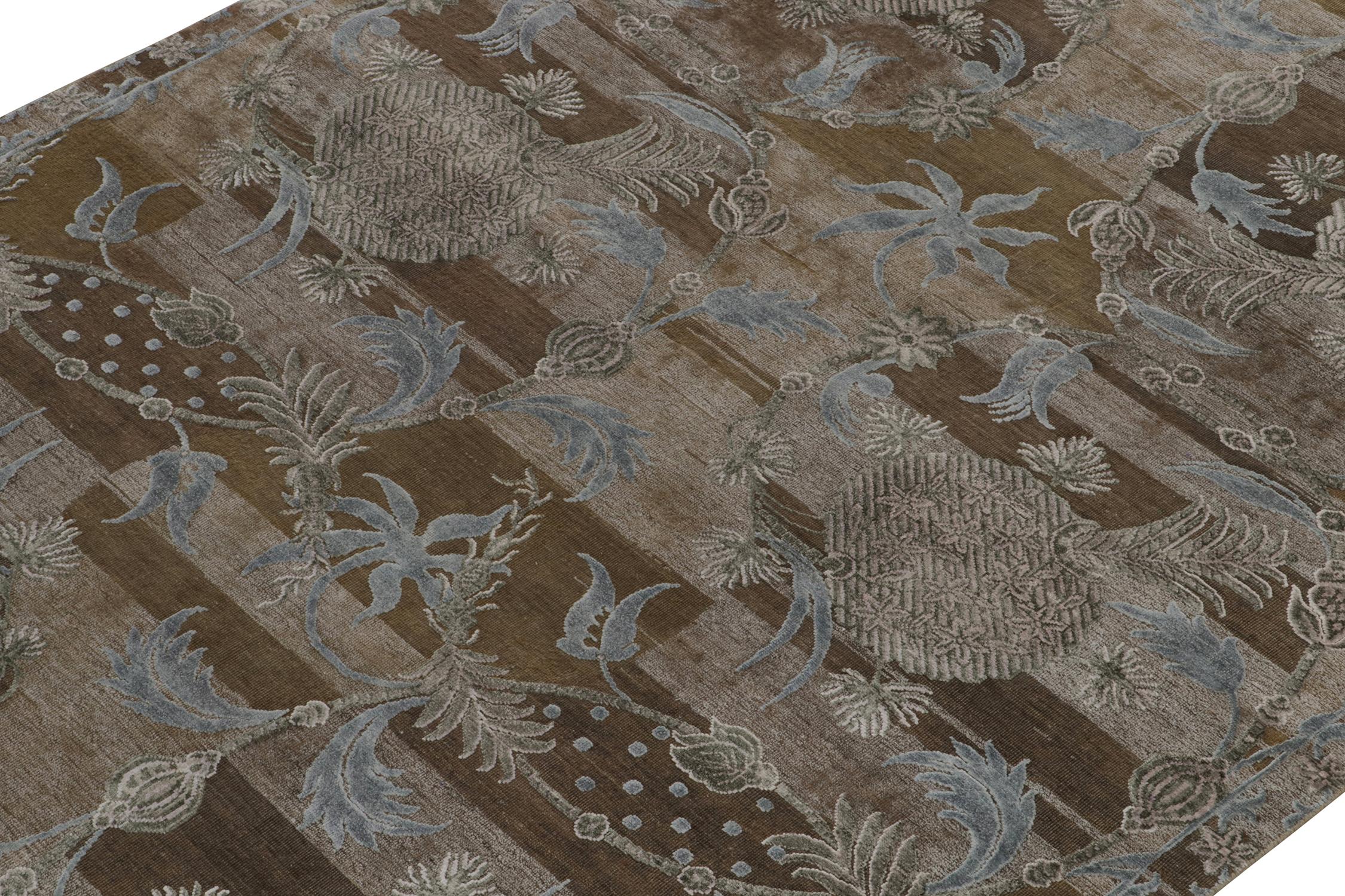 Hand-Knotted Rug & Kilim’s Contemporary Rug in Brown with Grey and Blue Floral Patterns For Sale