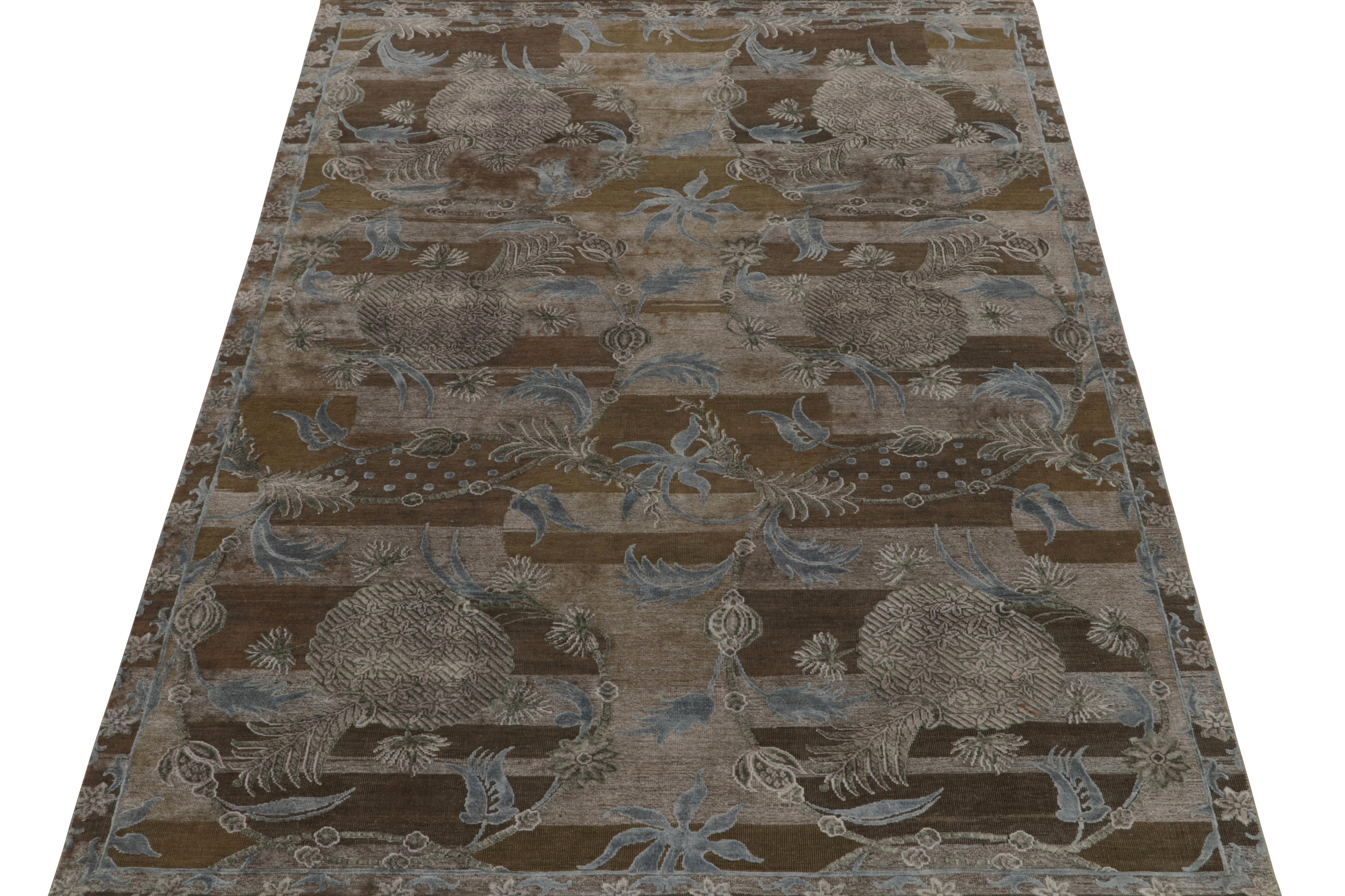 Indian Rug & Kilim’s Contemporary Rug in Brown with Grey and Blue Floral Patterns For Sale