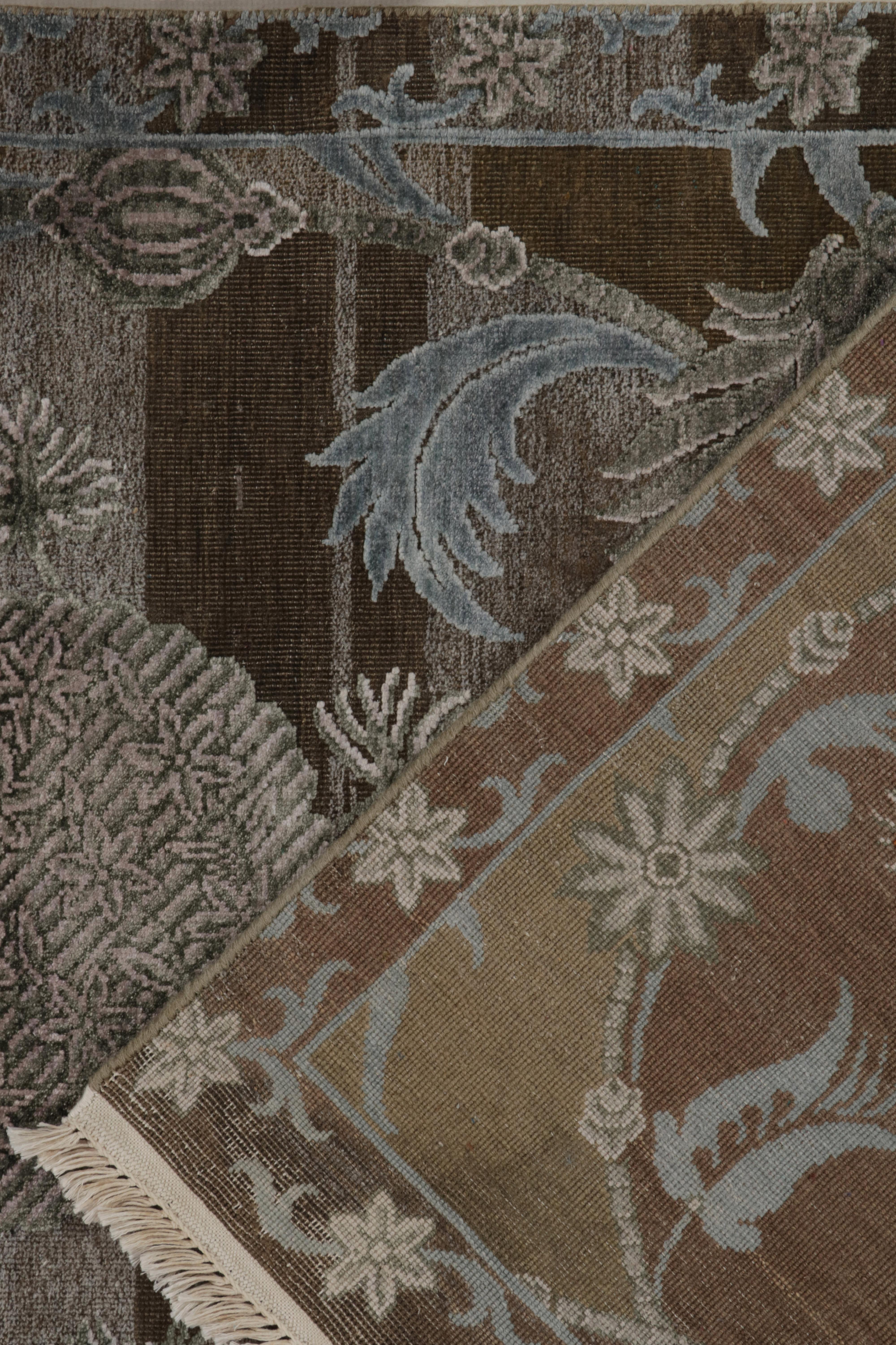 Wool Rug & Kilim’s Contemporary Rug in Brown with Grey and Blue Floral Patterns For Sale