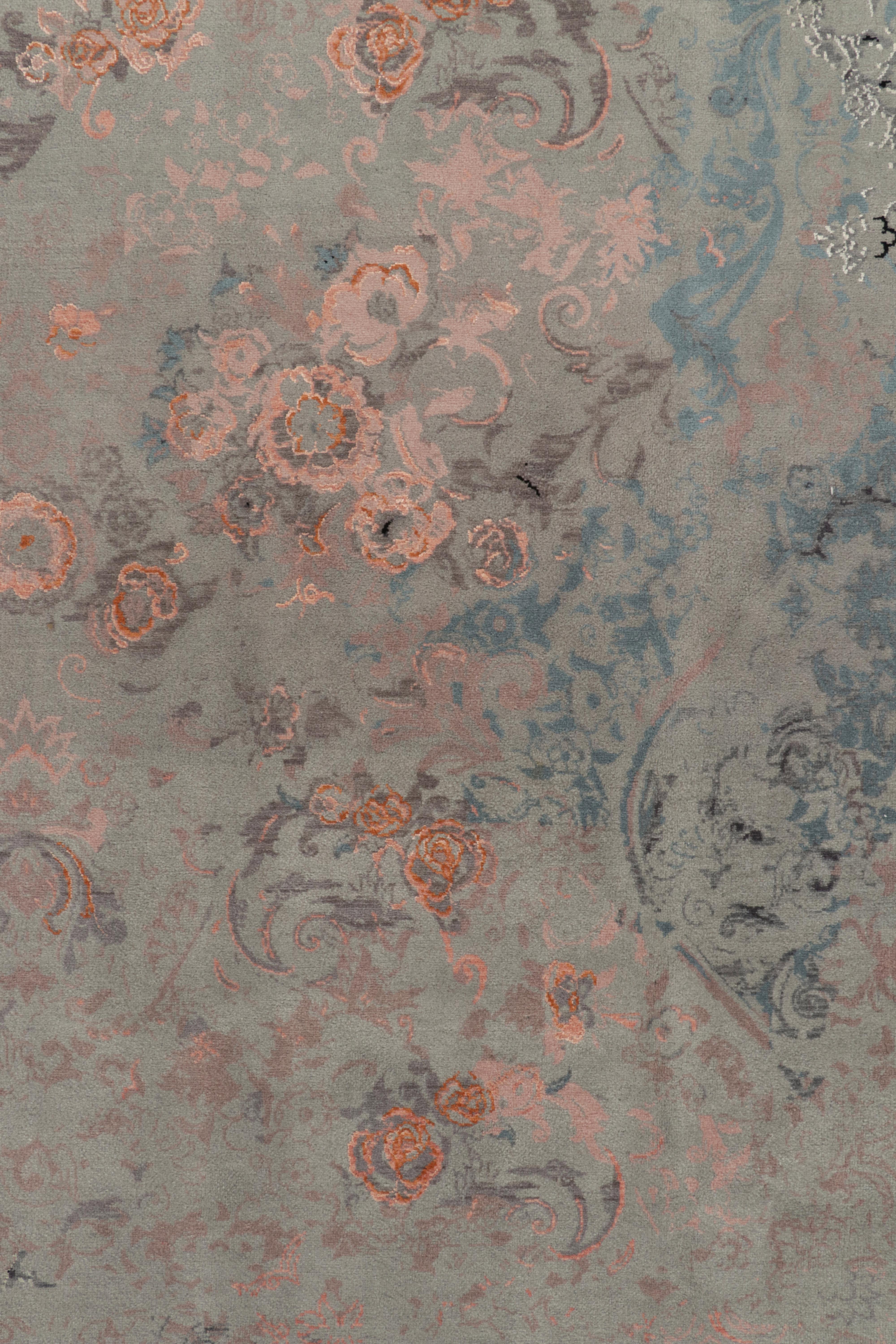 Indian Rug & Kilim’s Contemporary Rug in Gray, Blue & Pink Impressionist Floral Pattern For Sale
