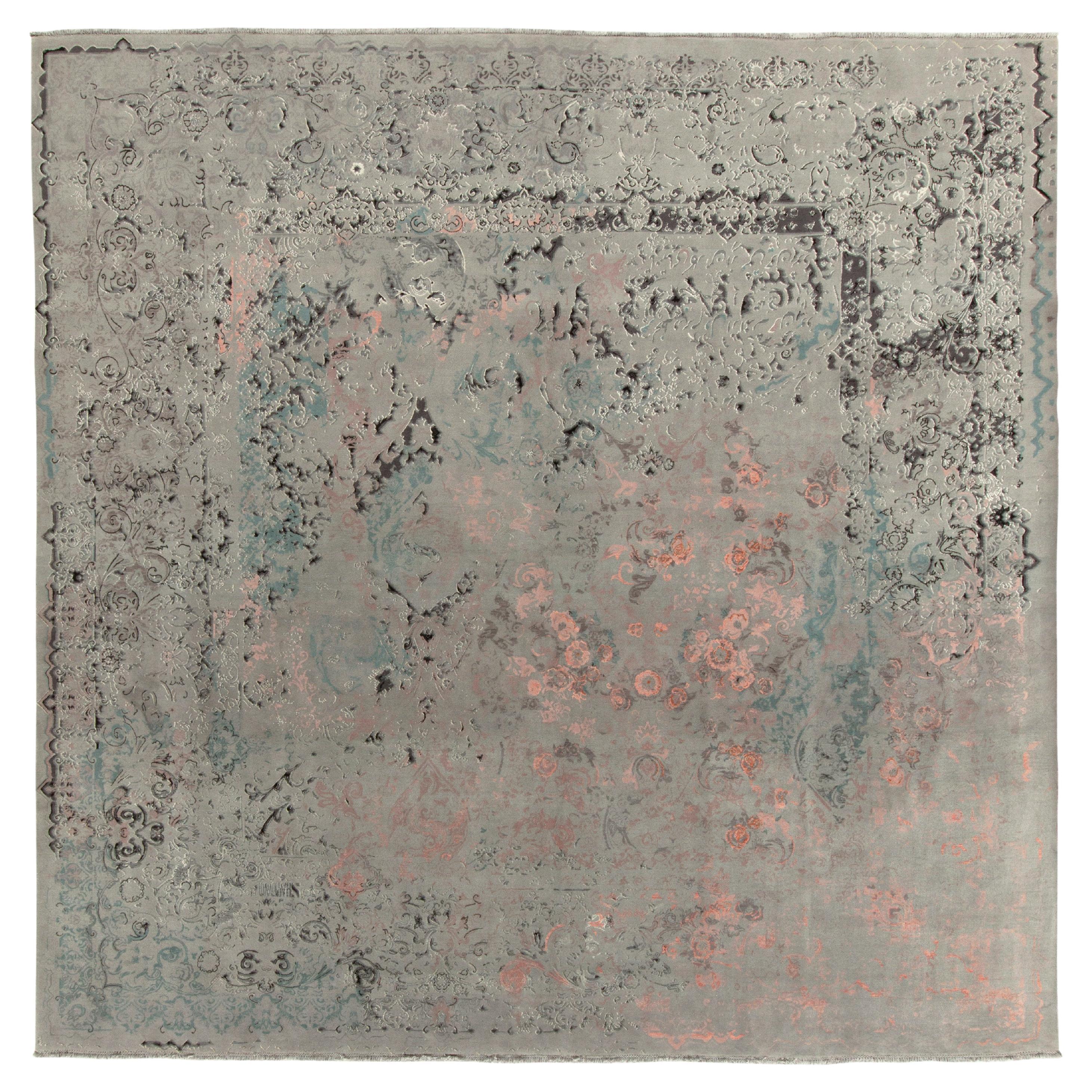 Teppich & Kilims Zeitgenössischer Teppich in Grau, Blau & Rosa mit impressionistischem Blumenmuster im Angebot