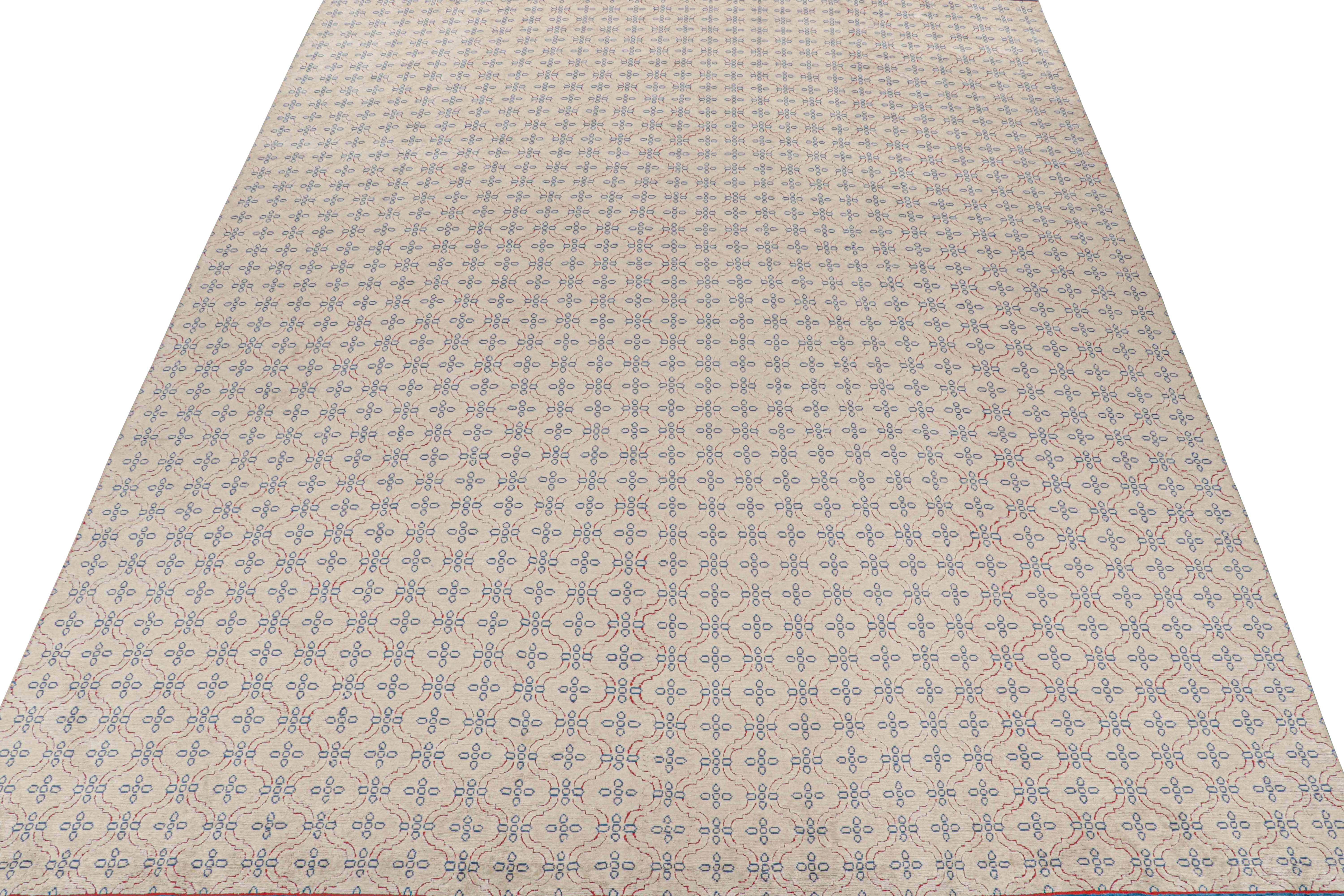 This contemporary 12x16 rug is a new addition to Rug & Kilim’s Modern Collection, hand-knotted in art silk and cotton. 

Further on the Design: 

This design enjoys a simple trellis pattern with reds and blues on an off-white background. Keen