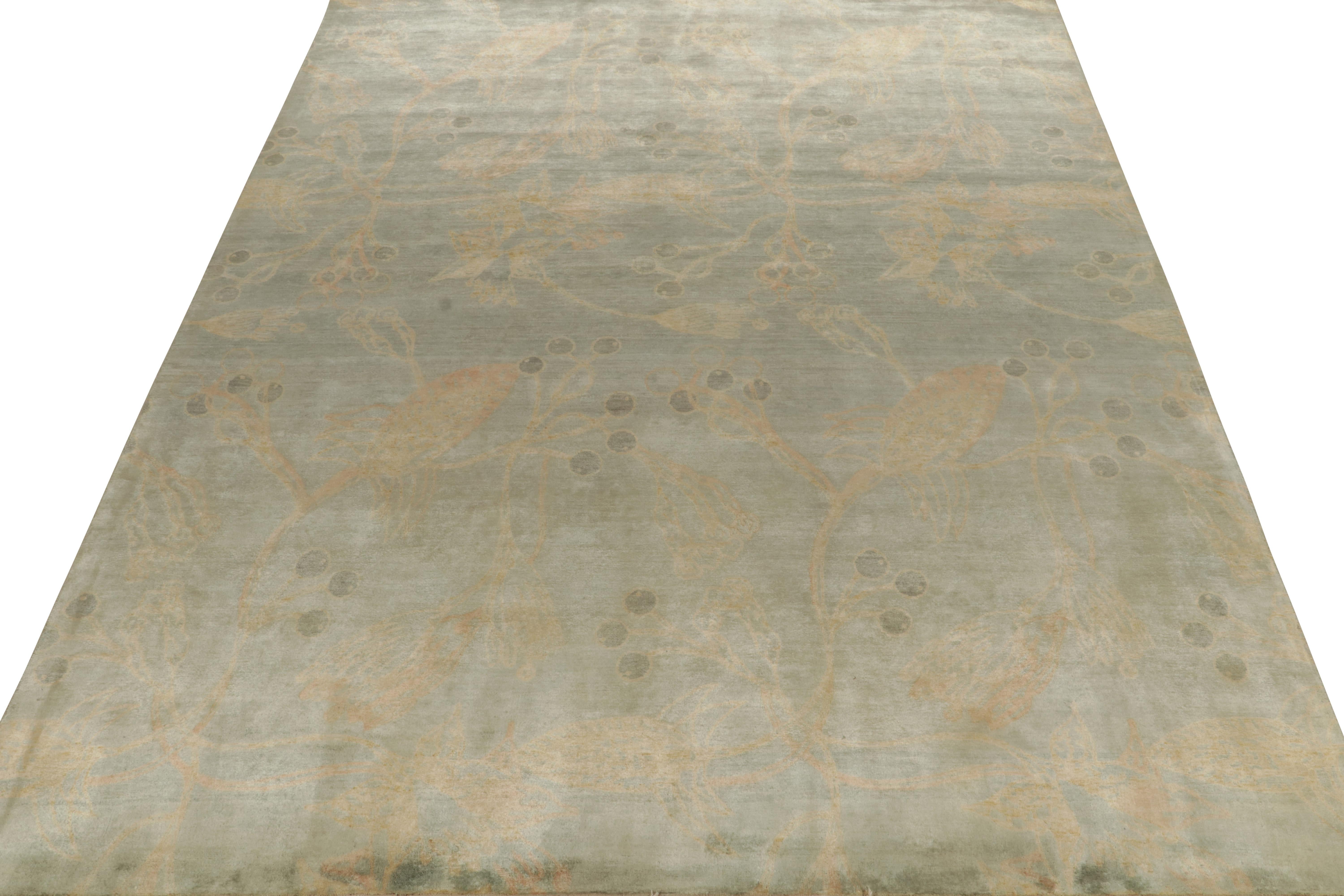 Indian Rug & Kilim’s Contemporary Rug in Teal with Gold Floral Patterns For Sale