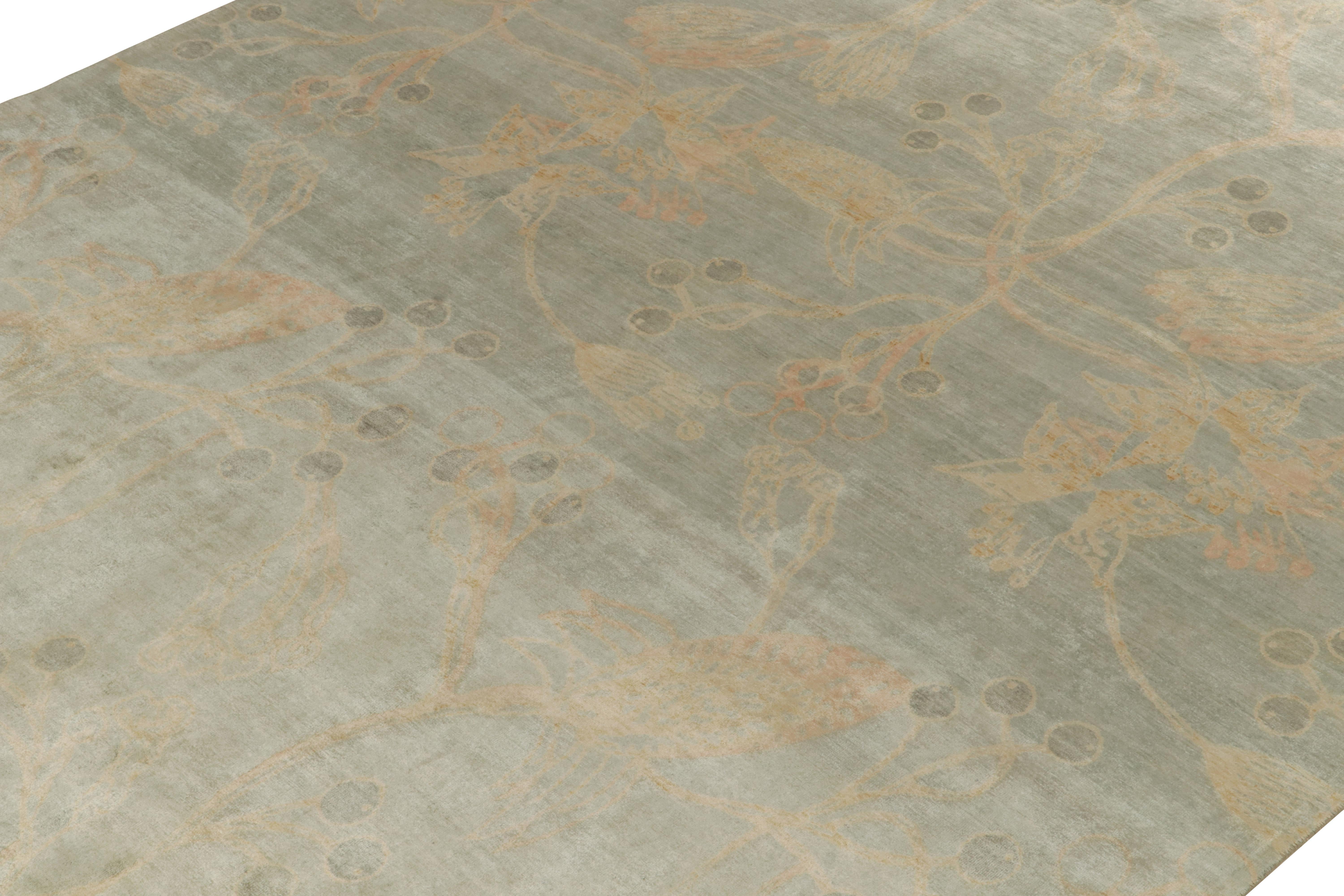 Hand-Knotted Rug & Kilim’s Contemporary Rug in Teal with Gold Floral Patterns For Sale