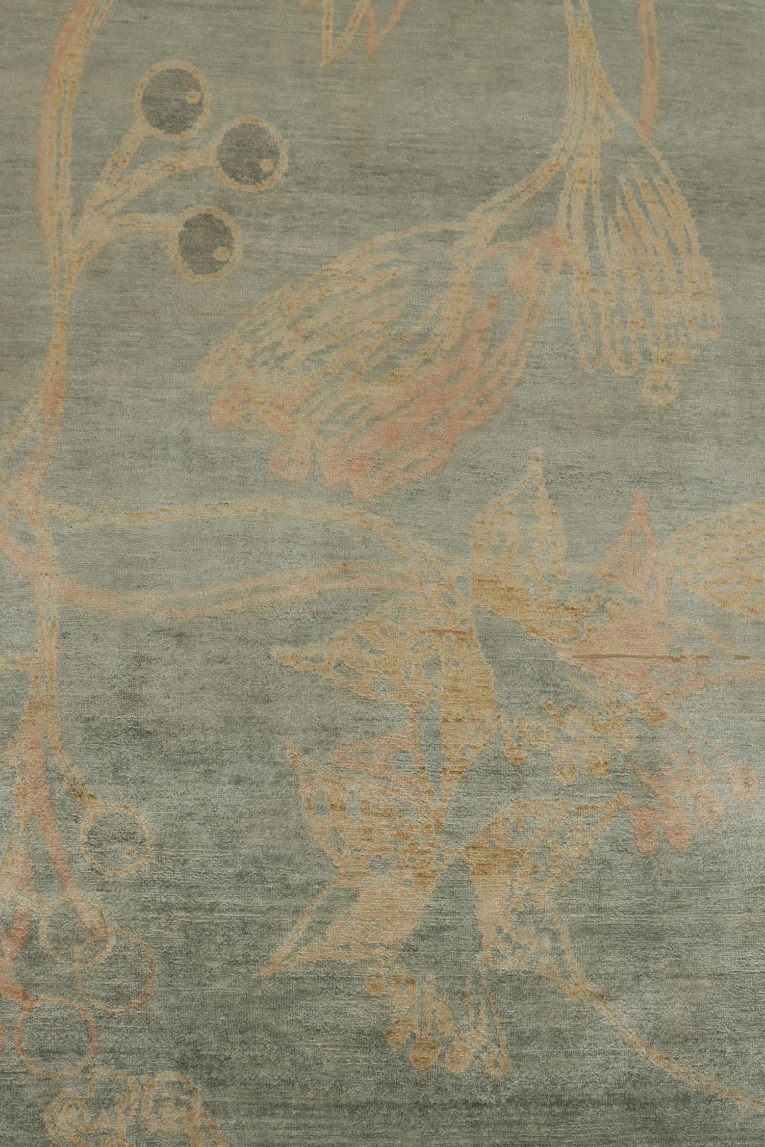 XXI secolo e contemporaneo Tappeto contemporaneo Rug & Kilim in verde acqua con motivi floreali dorati in vendita