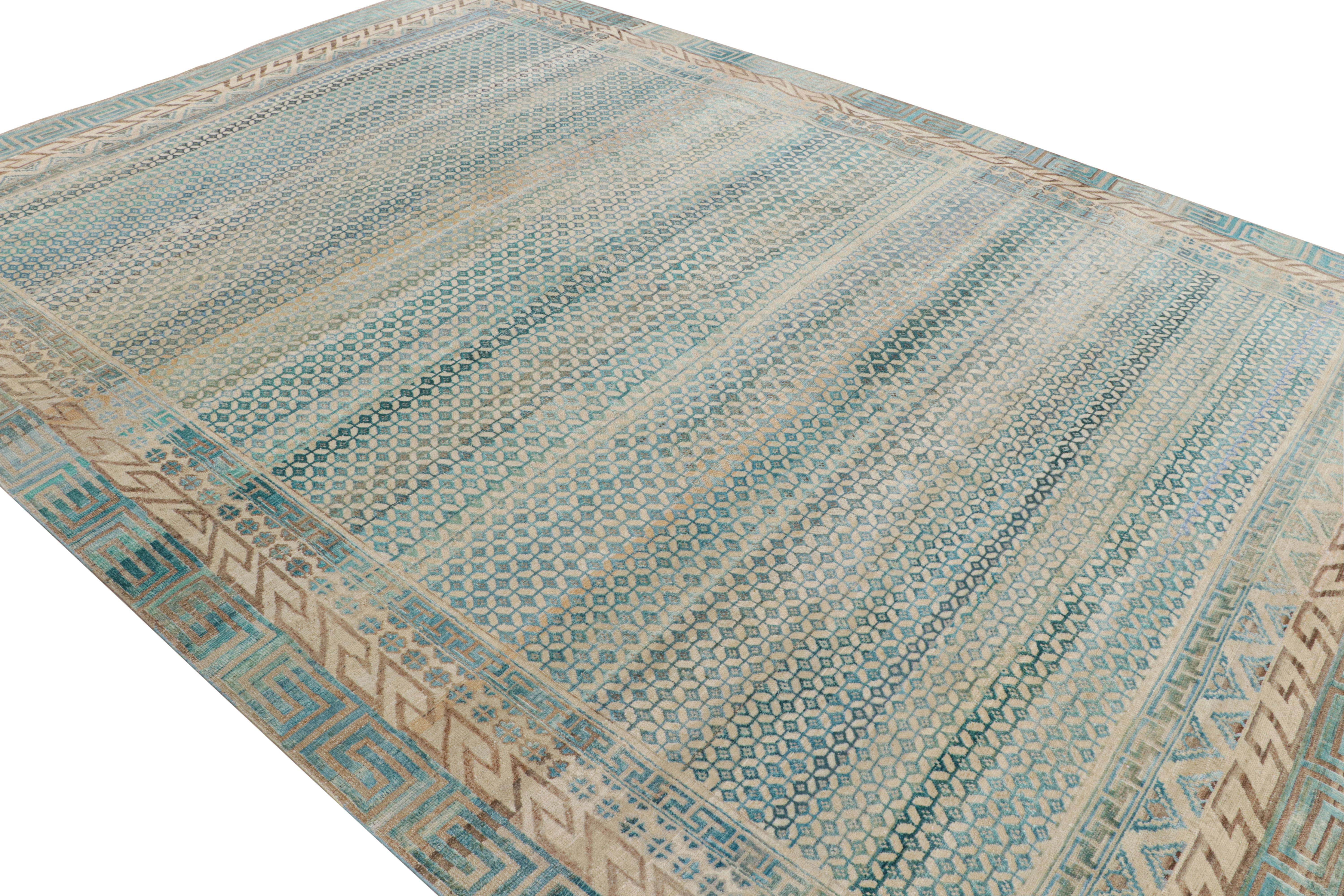 Indian Rug & Kilim’s Contemporary Rug with Beige and Blue Geometric Patterns For Sale