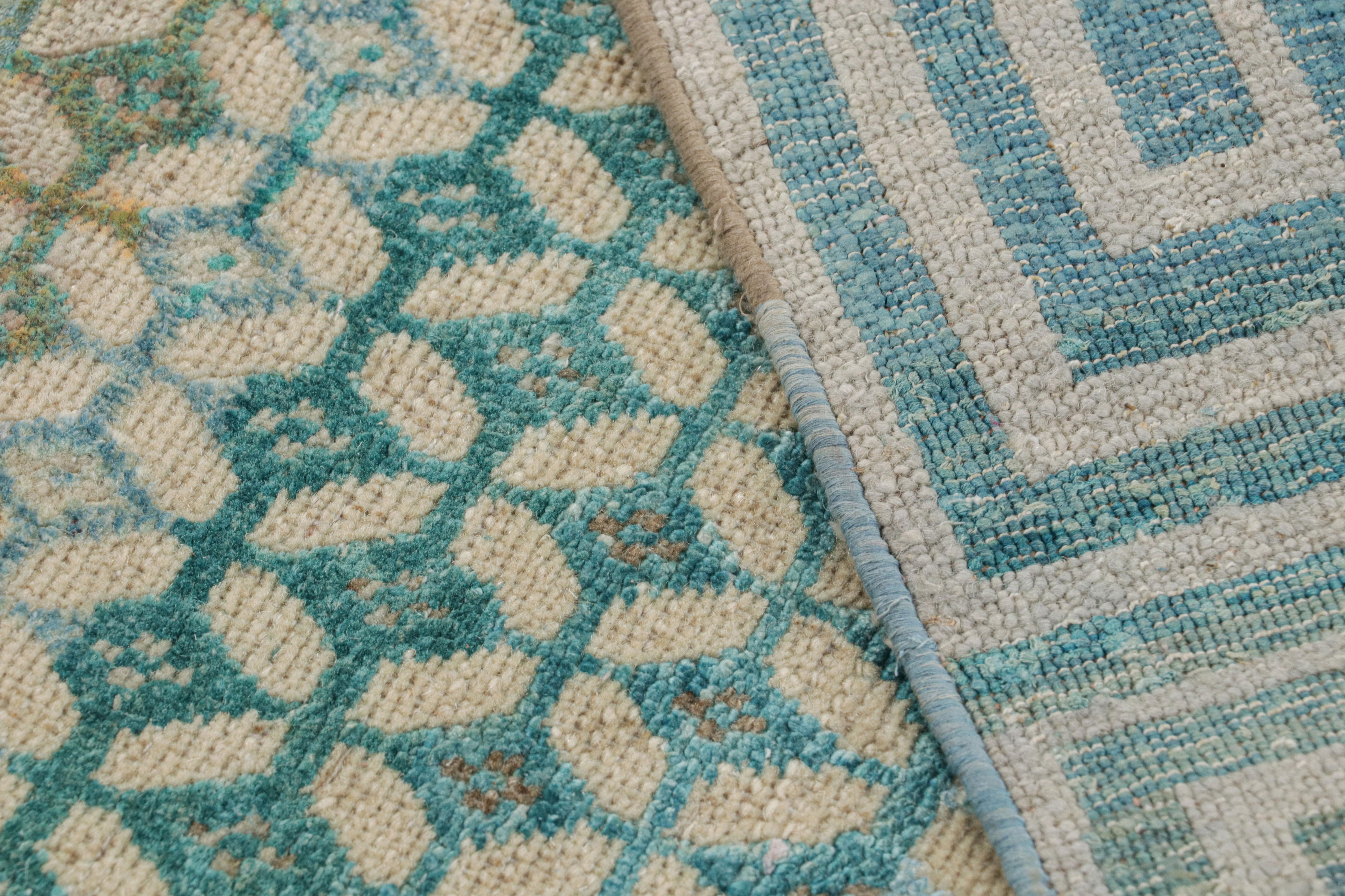 Silk Rug & Kilim’s Contemporary Rug with Beige and Blue Geometric Patterns For Sale