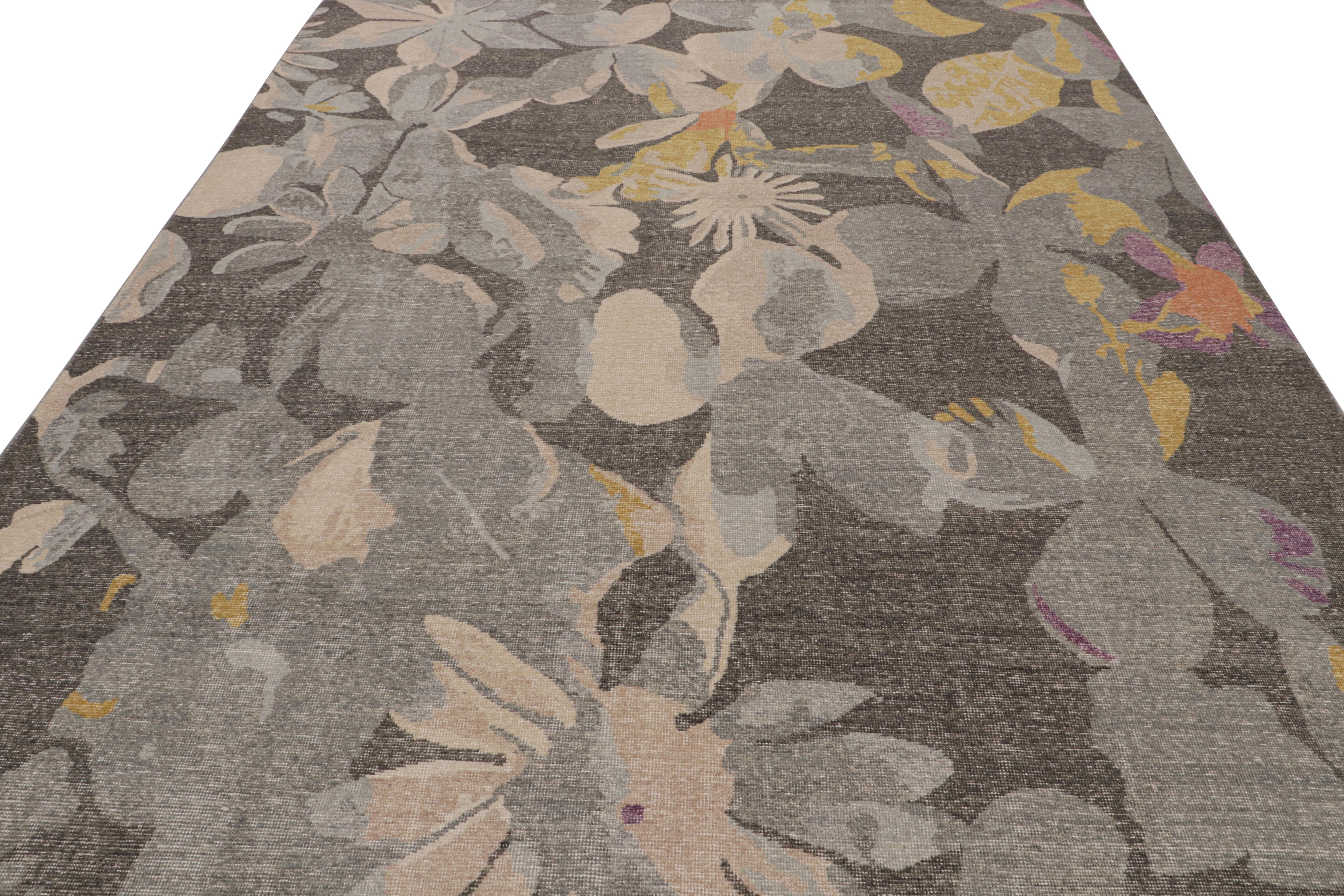Modern Rug & Kilim’s Contemporary Rug with Gray, Blue and Gold Floral Patterns For Sale
