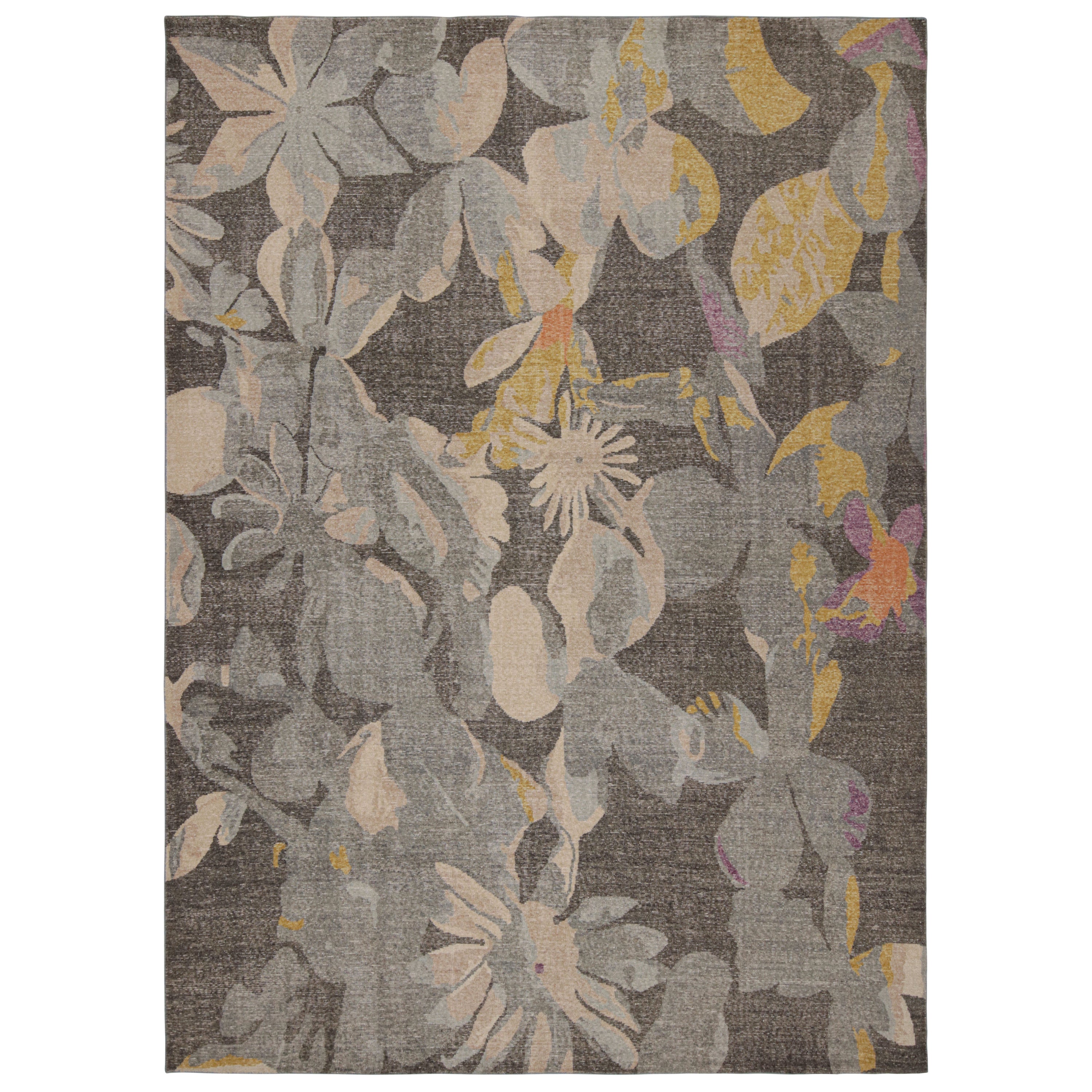 Rug 
Kilim’s Contemporary Rug with Gray, Blue and Gold Floral Patterns For Sale