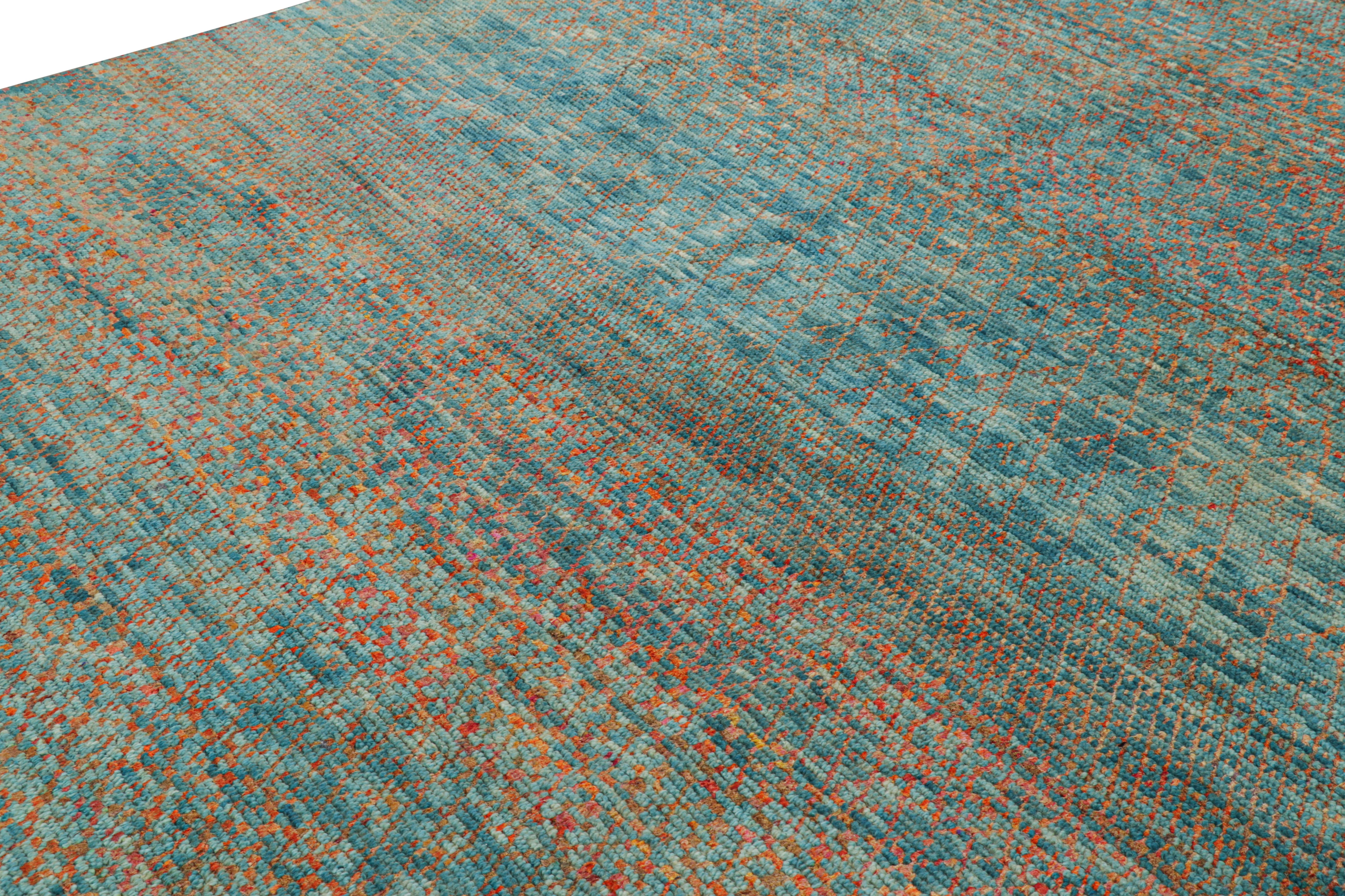 Hand-knotted in wool and silk, this 8x10 contemporary rug is from an exciting new line in Rug & Kilim’s Modern Collection, with an impressive range of colors and attention to movement in its unique play on stripes and subtle geometric patterns. 
