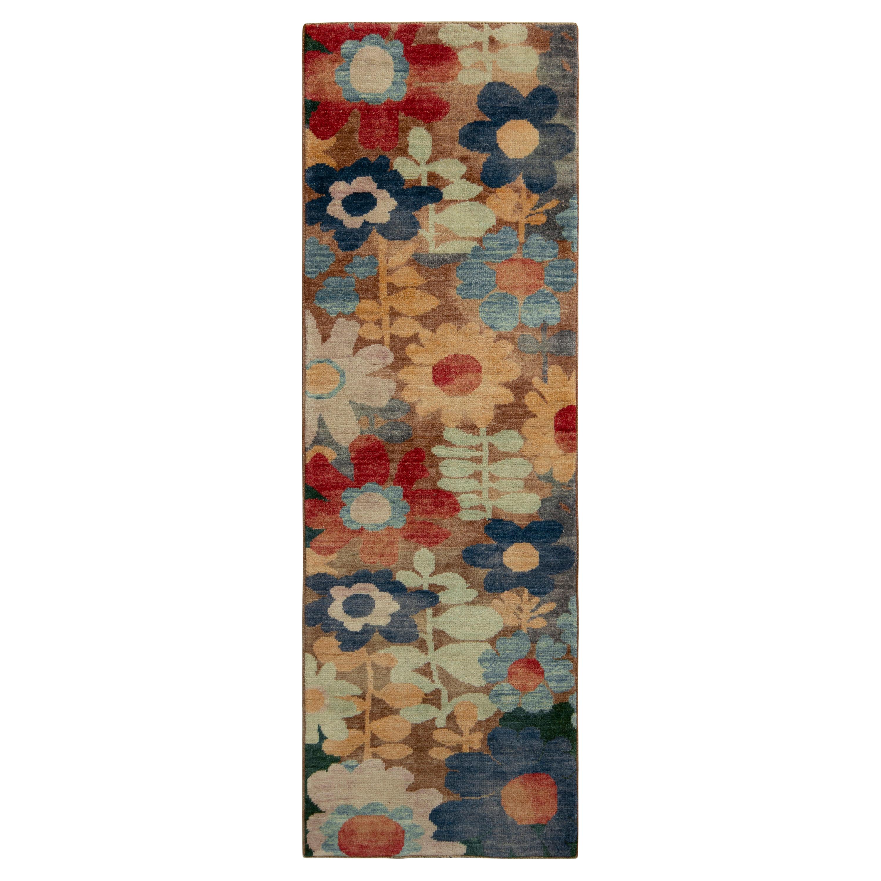 Rug & Kilim’s Contemporary Runner, Beige Brown with Multicolor Floral Pattern For Sale