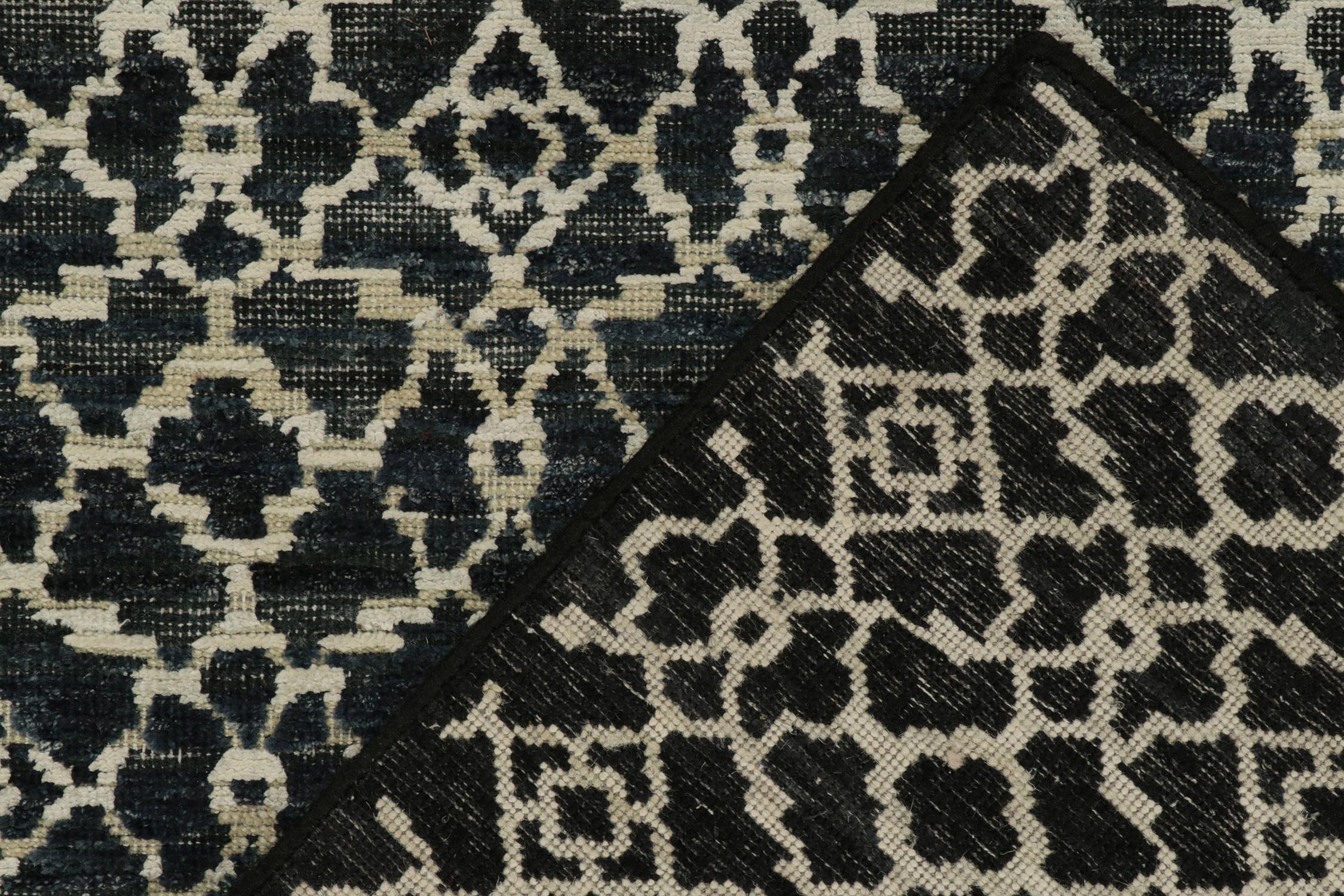Wool Rug & Kilim’s Contemporary runner in Black, Blue & White Trellis Patterns For Sale