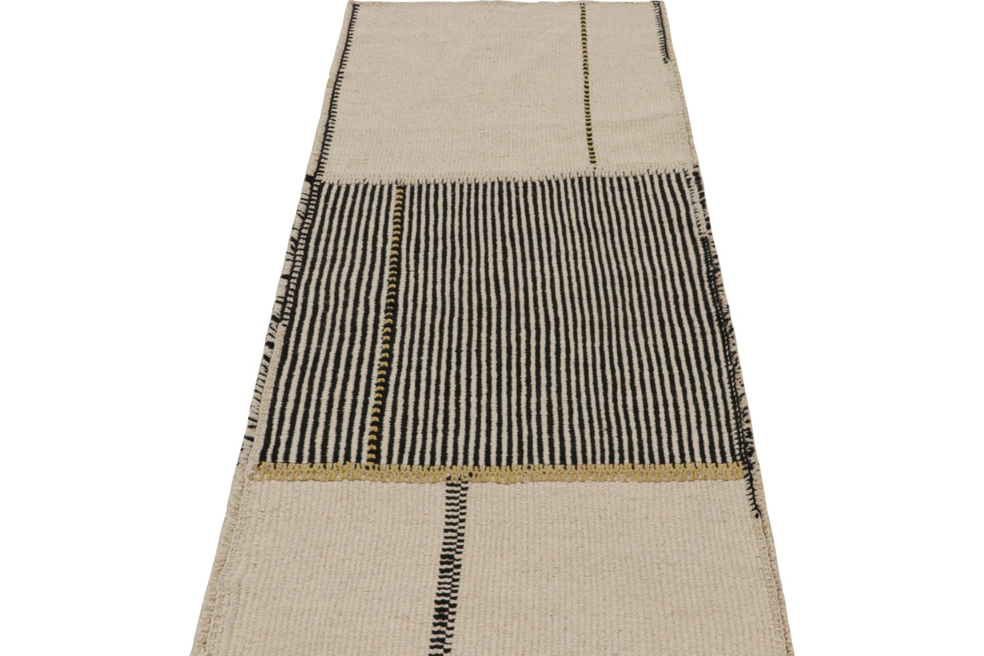 Modern Rug & Kilim’s Contemporary Runner Kilim, In Black And Beige Tones and Stripes For Sale