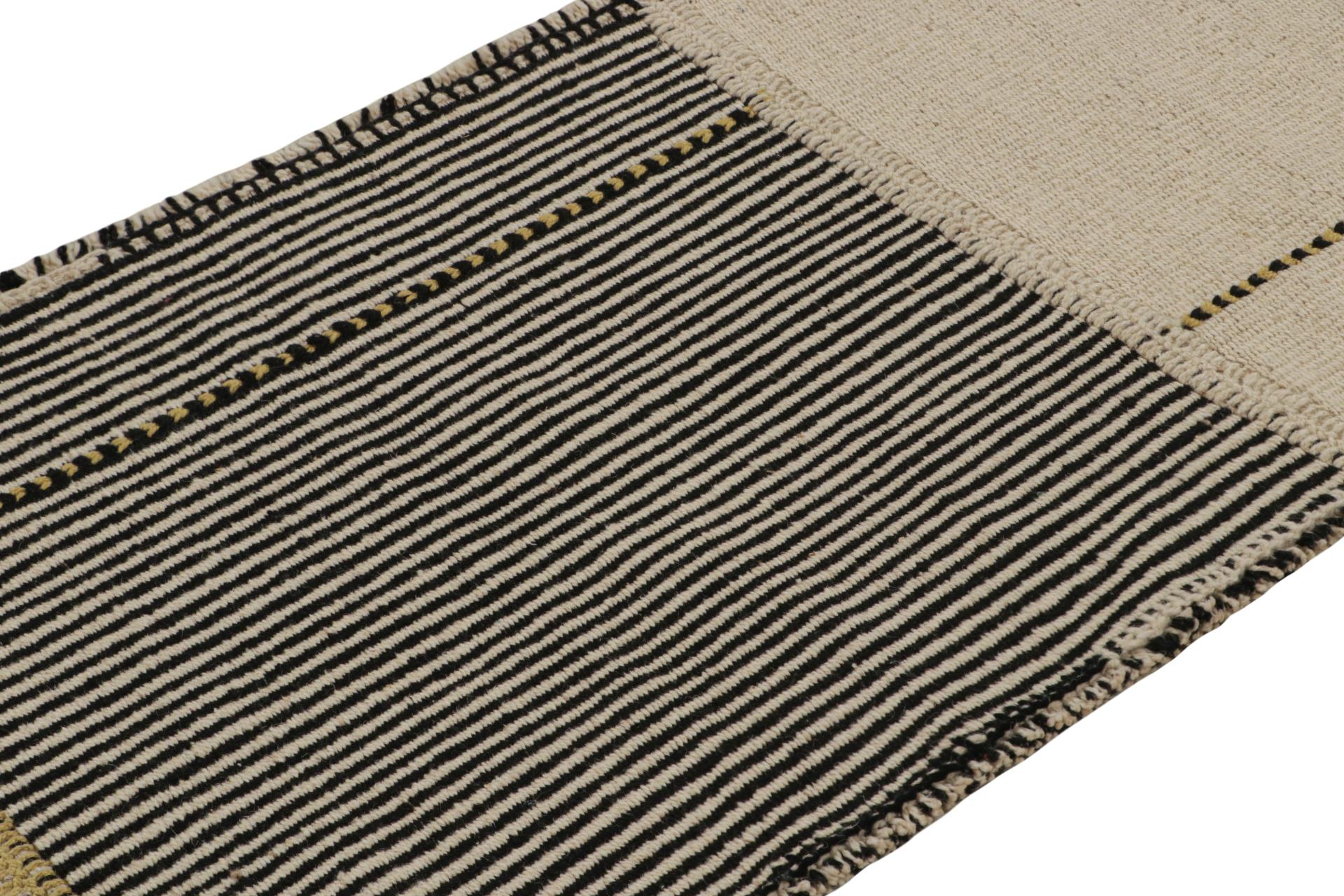 Turkish Rug & Kilim’s Contemporary Runner Kilim, In Black And Beige Tones and Stripes For Sale