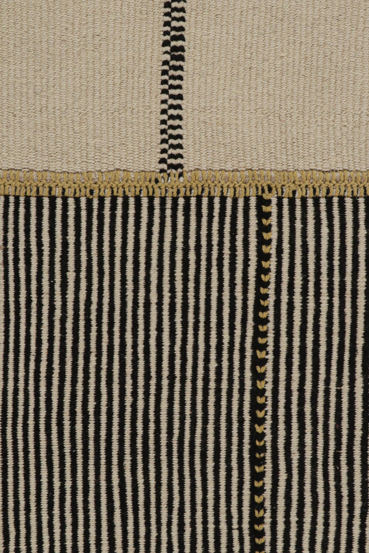 Hand-Woven Rug & Kilim’s Contemporary Runner Kilim, In Black And Beige Tones and Stripes For Sale