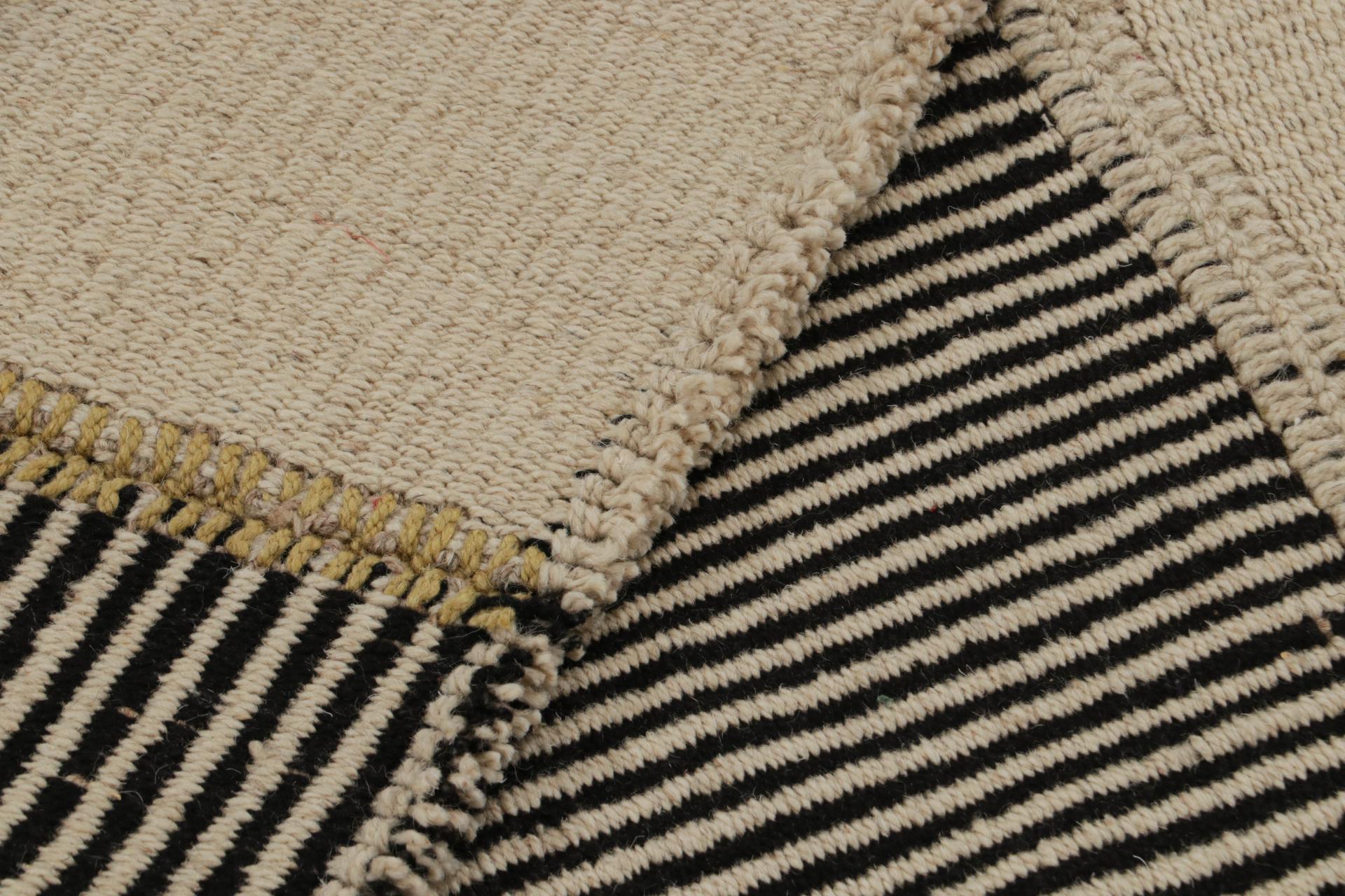 Wool Rug & Kilim’s Contemporary Runner Kilim, In Black And Beige Tones and Stripes For Sale