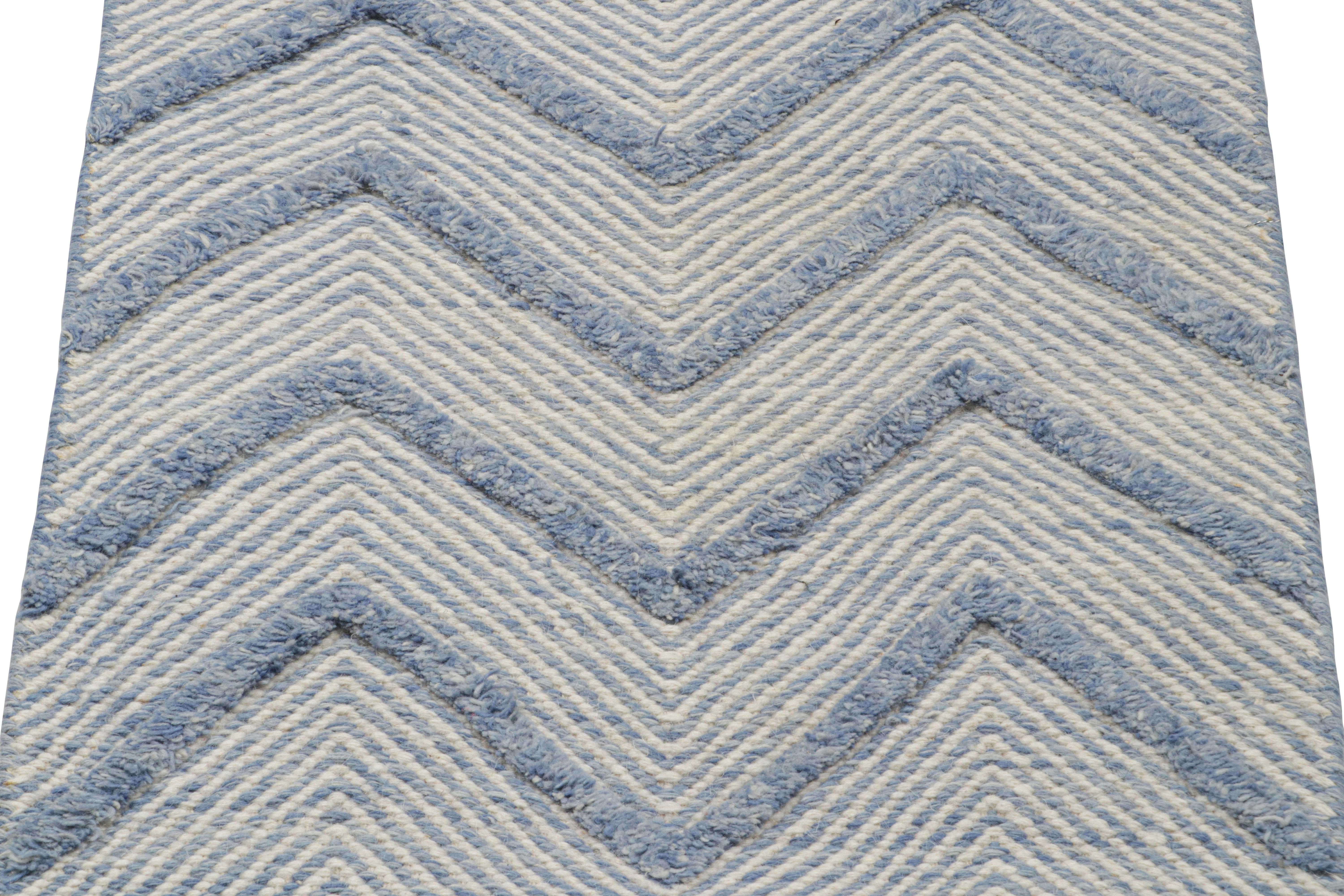 Modern Rug & Kilim’s Contemporary Scatter Rug with White and Blue Chevron Patterns  For Sale