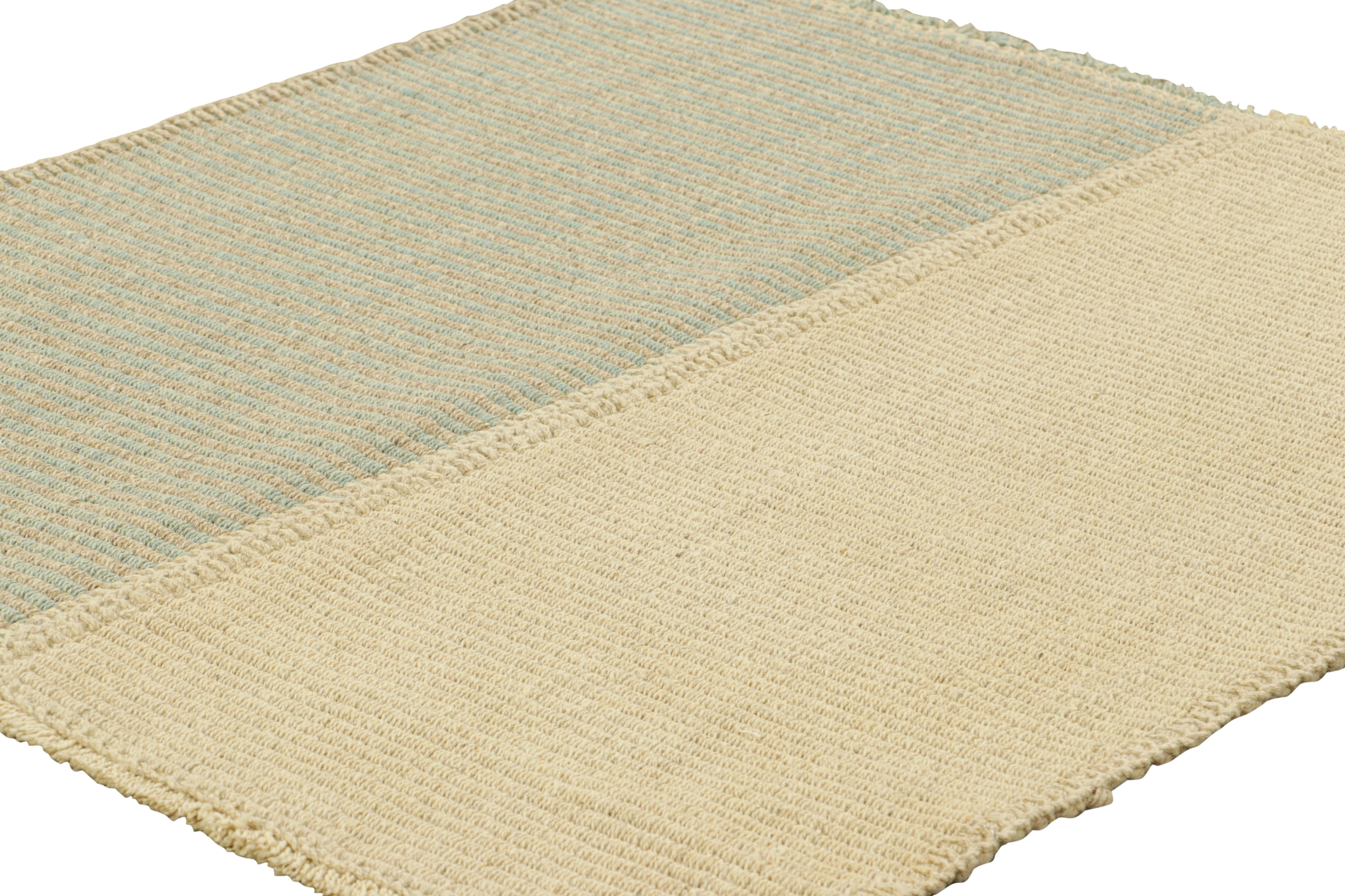 Afghan Rug & Kilim's Contemporary Square Kilim in Beige and Blue Textural Stripes (Kilim carré contemporain à rayures texturées beiges et bleues) en vente