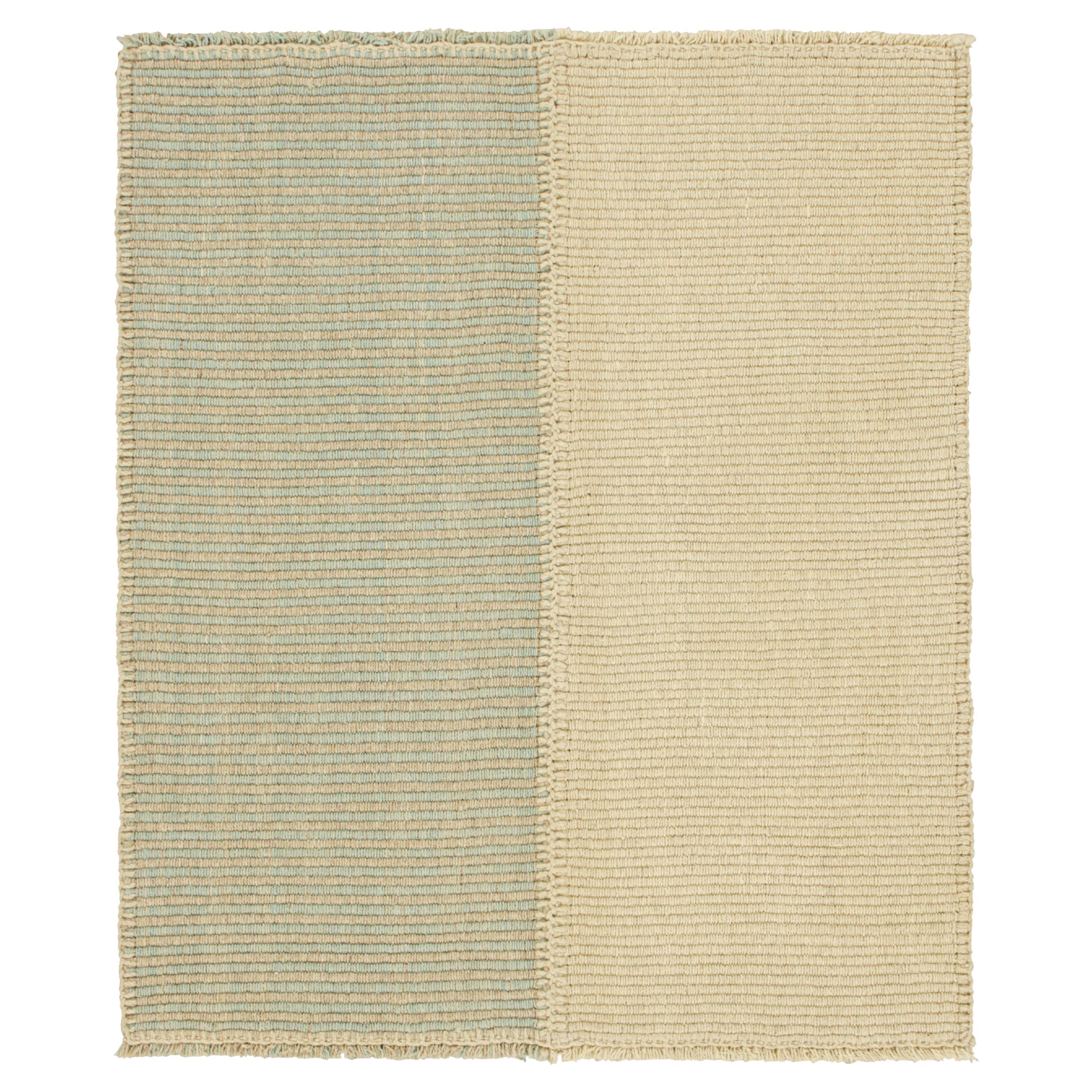 Rug & Kilim's Contemporary Square Kilim in Beige and Blue Textural Stripes (Kilim carré contemporain à rayures texturées beiges et bleues)